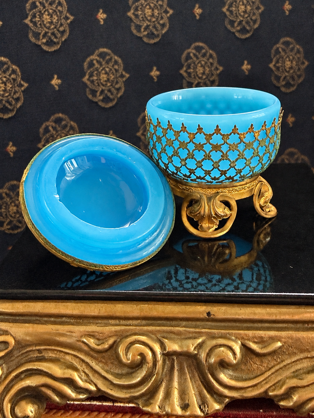 Miniature Turquoise Opaline Glass Grand Tour–Style Trinket Box