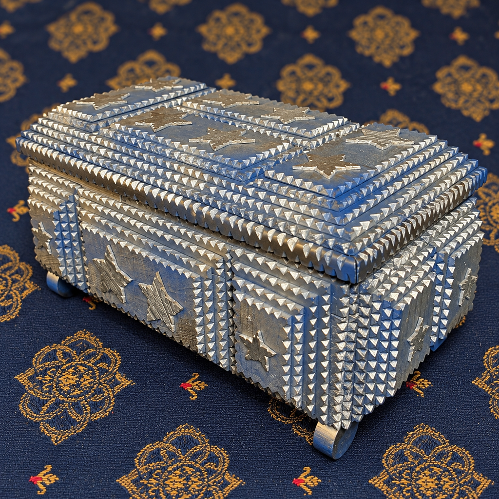 Signed Pops Casey Tramp Art Box — Blue & Silver Stars