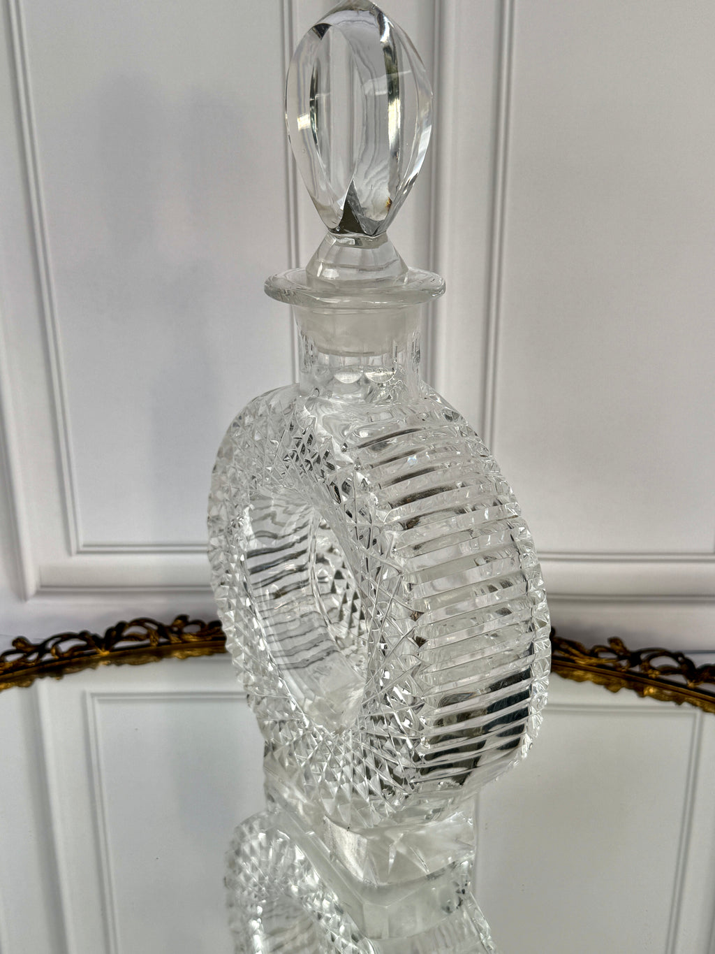 Vintage Cut Crystal Ring Decanter with Geometric Stopper