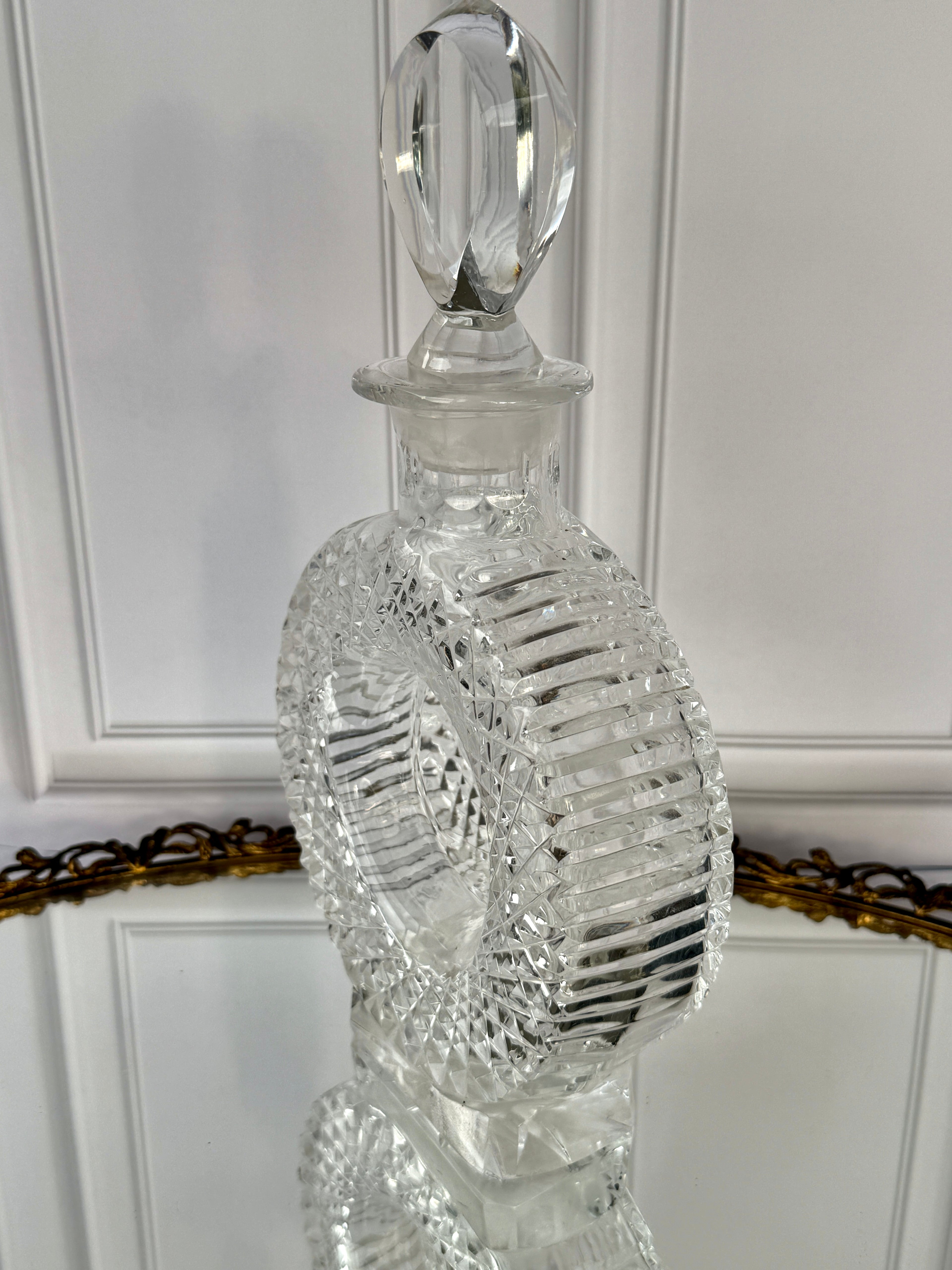 Vintage Cut Crystal Ring Decanter with Geometric Stopper