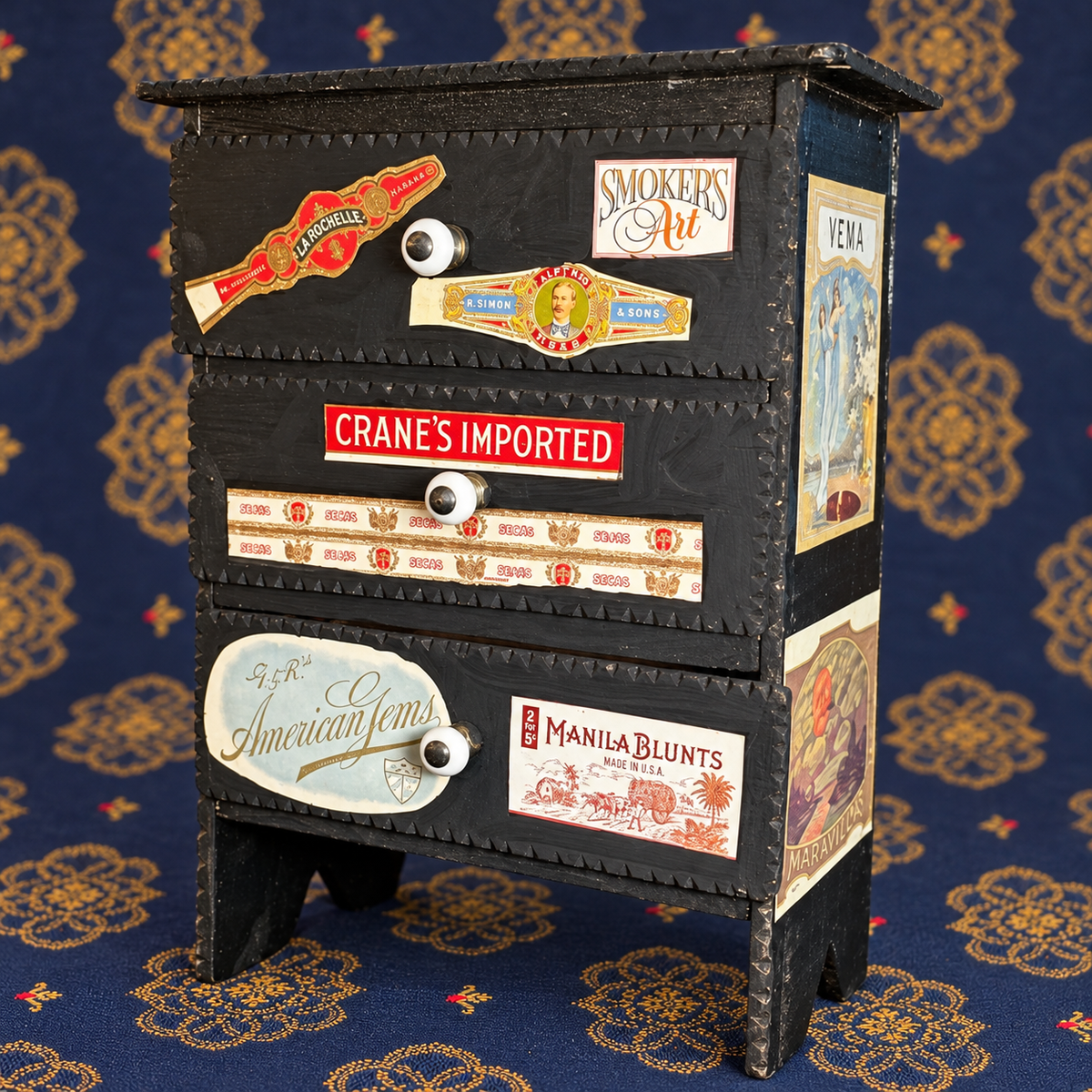 Signed Pops Casey Folk Art Cigar Cabinet — Three-Drawer Chest