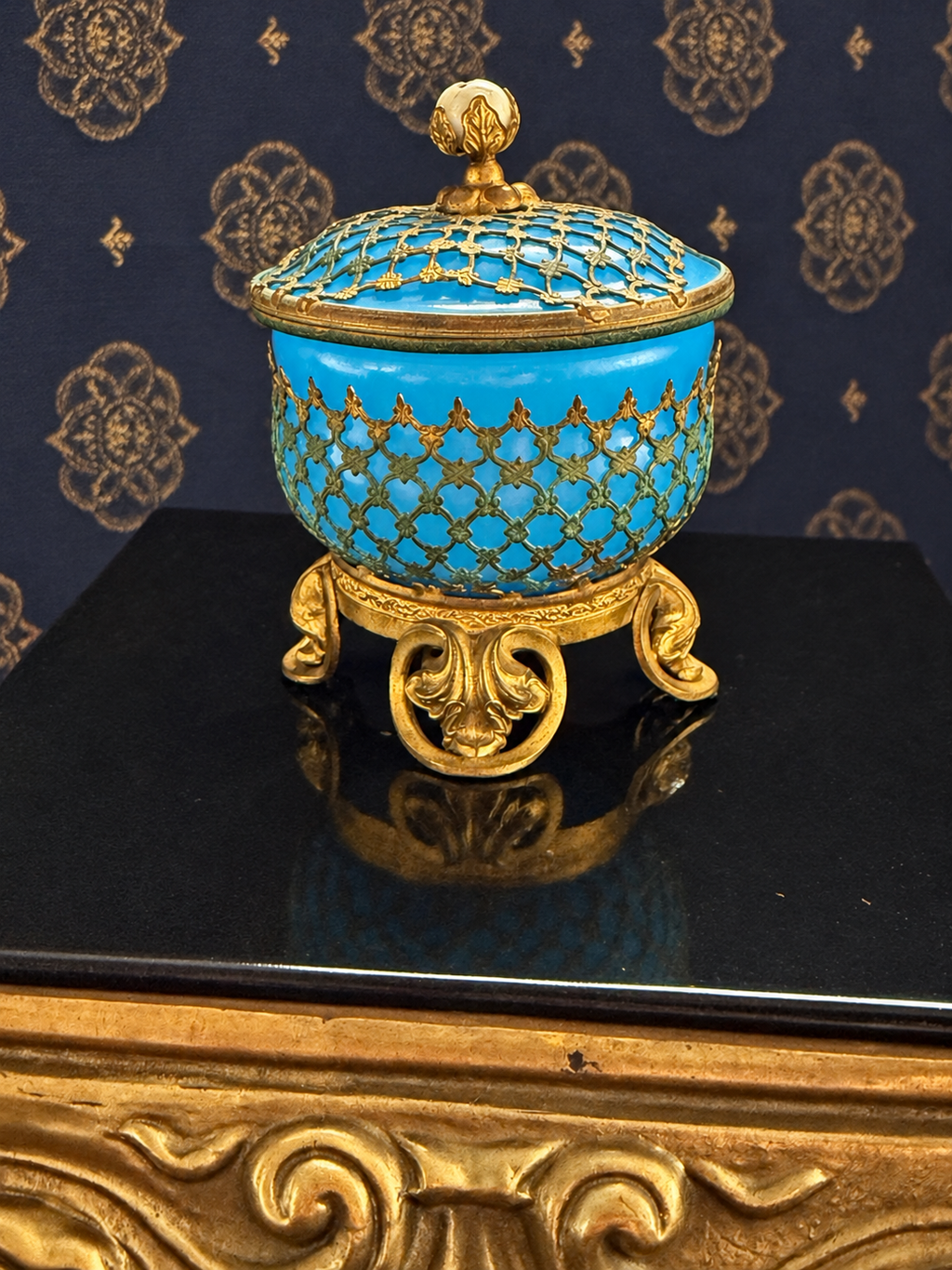 Miniature Turquoise Opaline Glass Grand Tour–Style Trinket Box