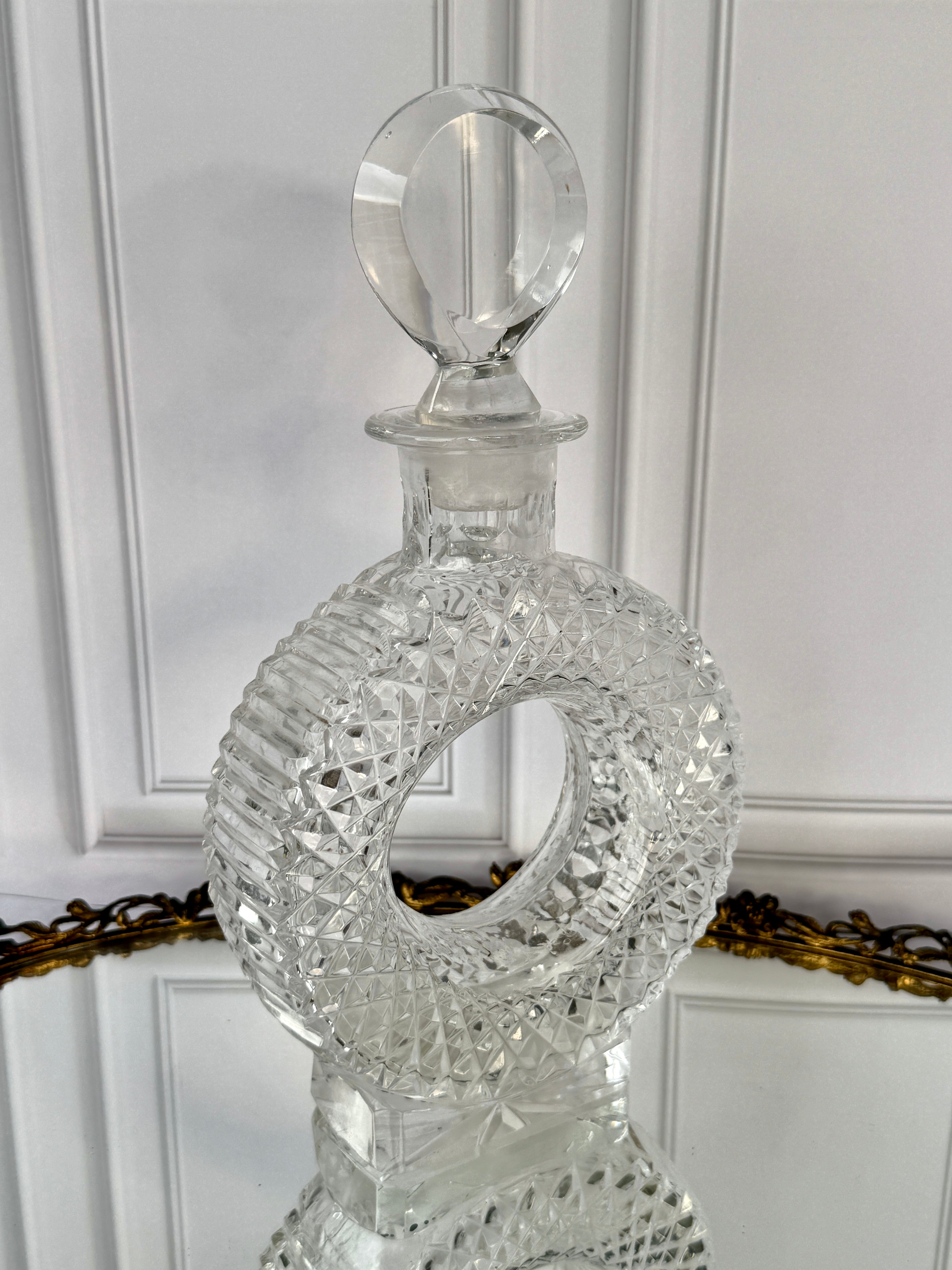 Vintage Cut Crystal Ring Decanter with Geometric Stopper