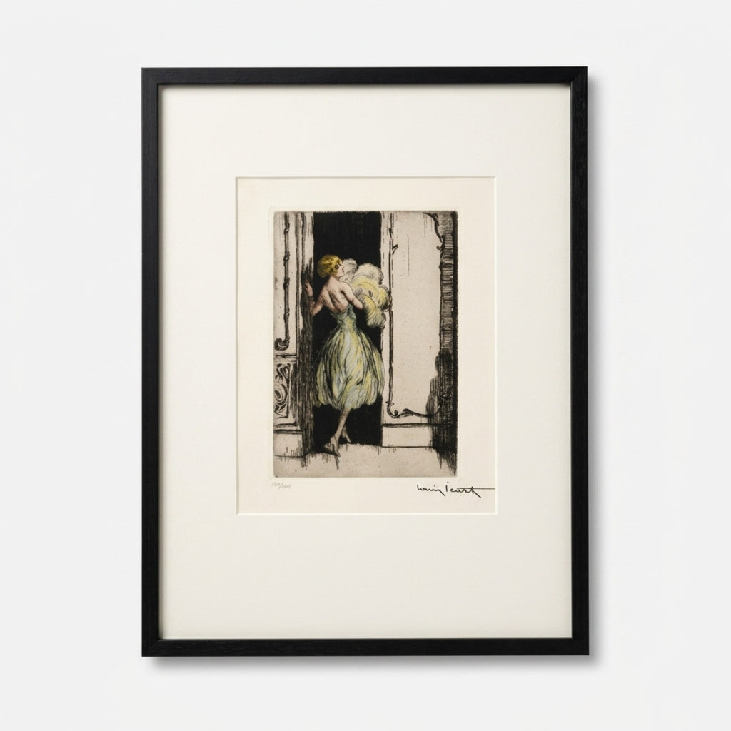 Louis Icart “Feathered Gown” (1926) Limited Edition Hand-Colored Etching | No. 111/500 | Museum Glass