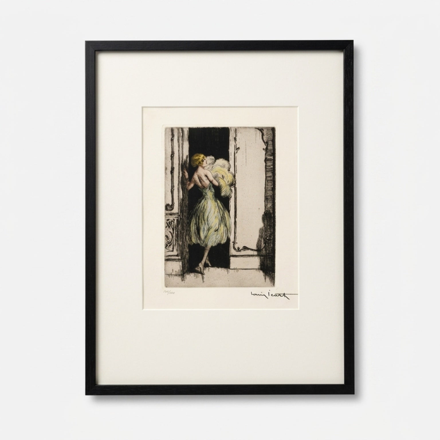Louis Icart “Feathered Gown” (1926) Limited Edition Hand-Colored Etching | No. 111/500 | Museum Glass