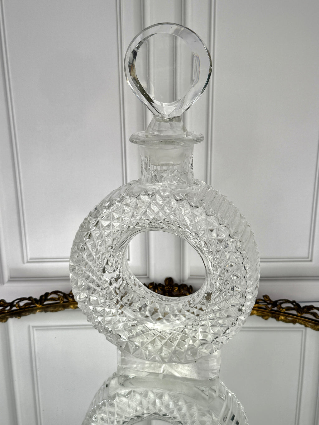 Vintage Cut Crystal Ring Decanter with Geometric Stopper