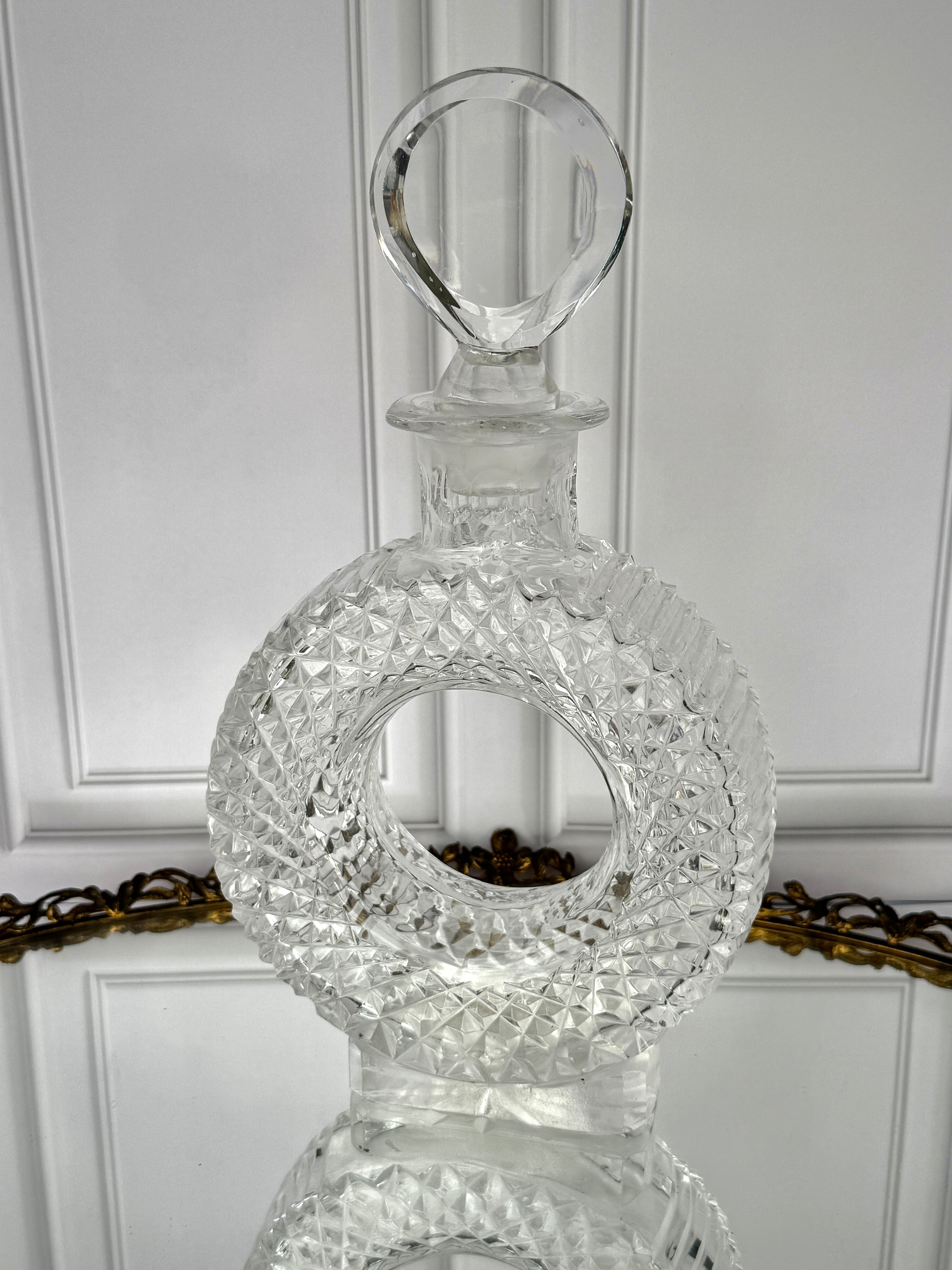 Vintage Cut Crystal Ring Decanter with Geometric Stopper