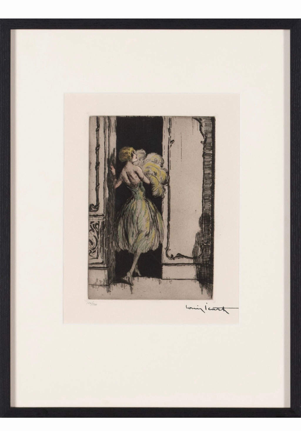 Louis Icart “Feathered Gown” (1926) Limited Edition Hand-Colored Etching | No. 111/500 | Museum Glass