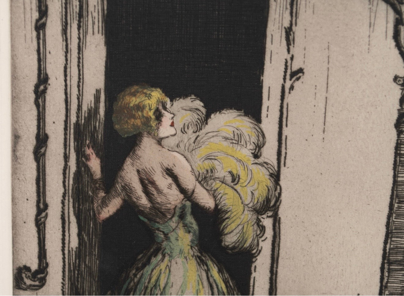 Louis Icart “Feathered Gown” (1926) Limited Edition Hand-Colored Etching | No. 111/500 | Museum Glass