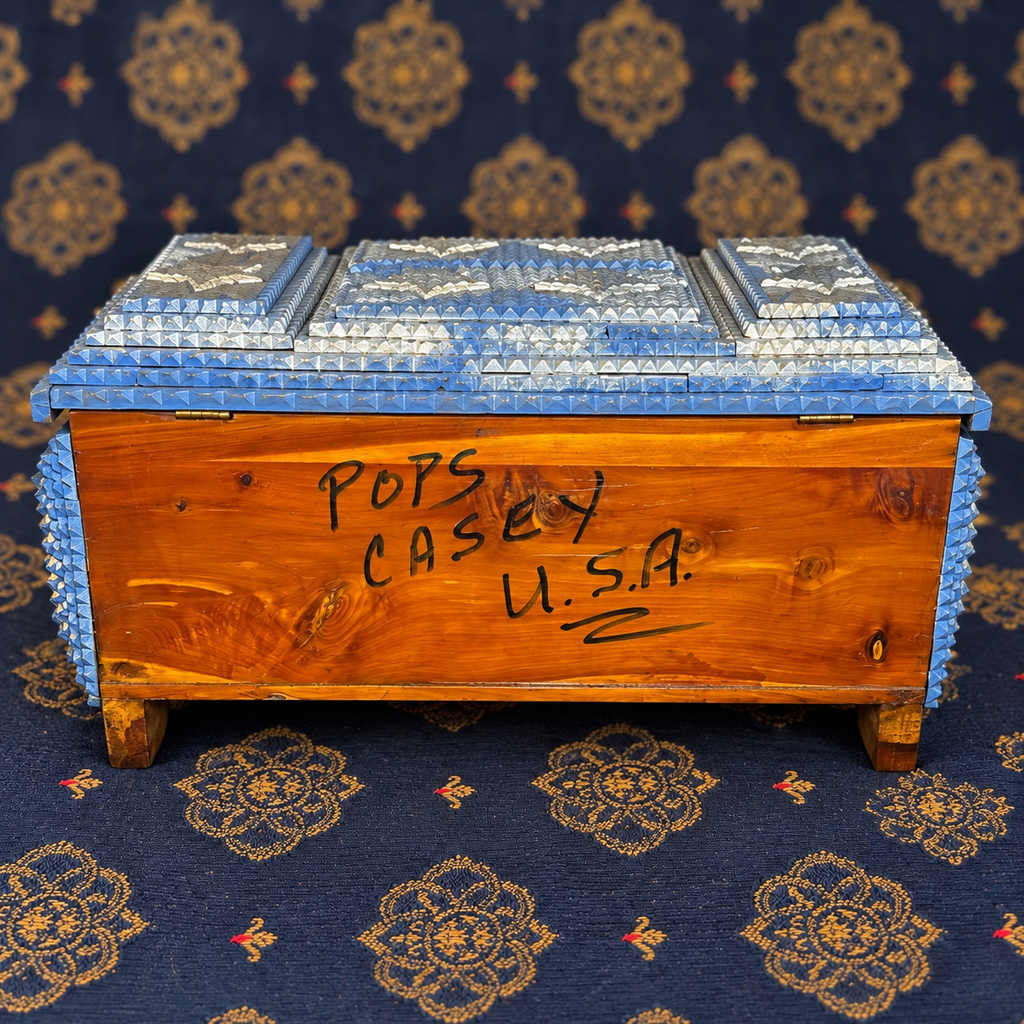 Signed Pops Casey Tramp Art Box — Blue & Silver Stars