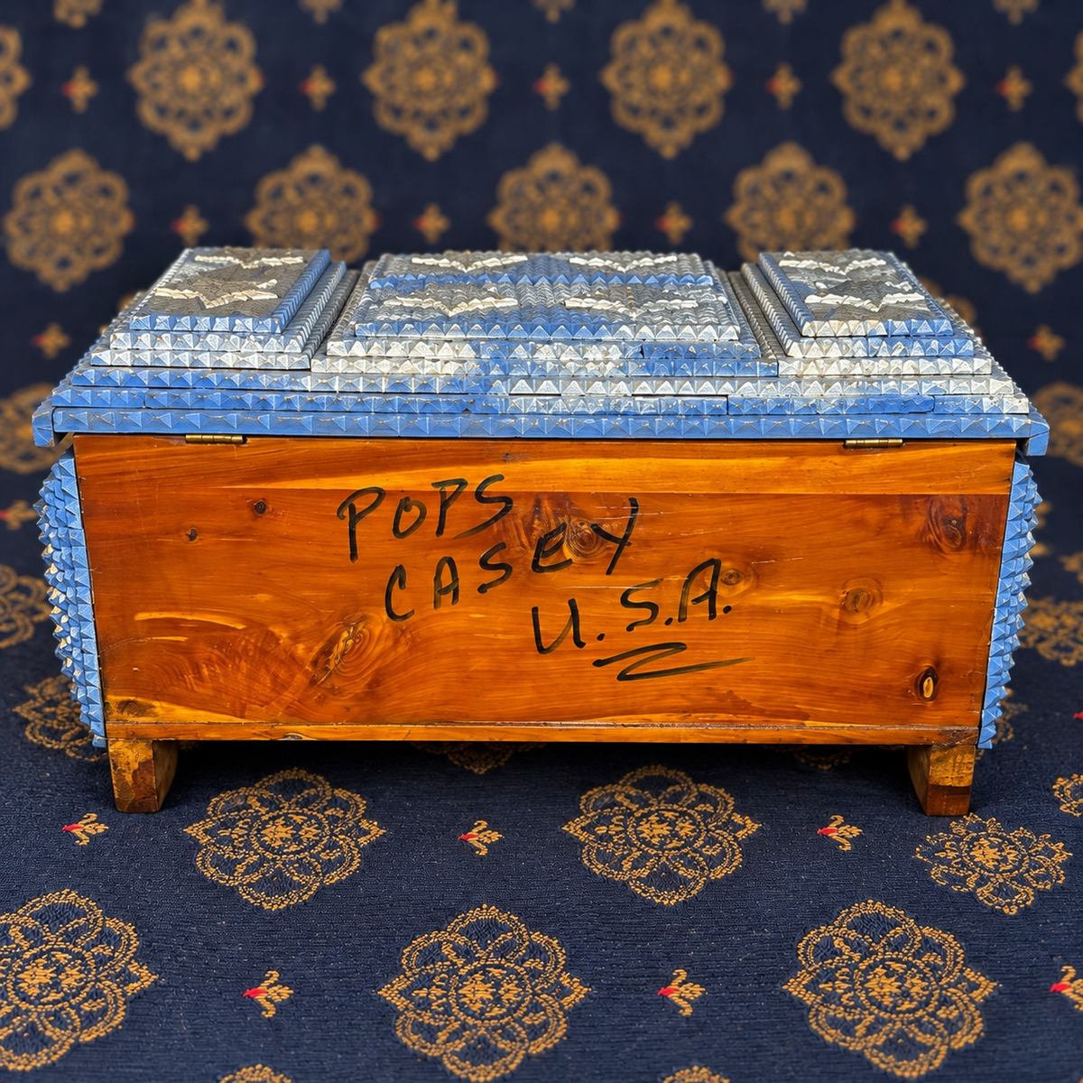 Signed Pops Casey Tramp Art Box — Blue & Silver Stars