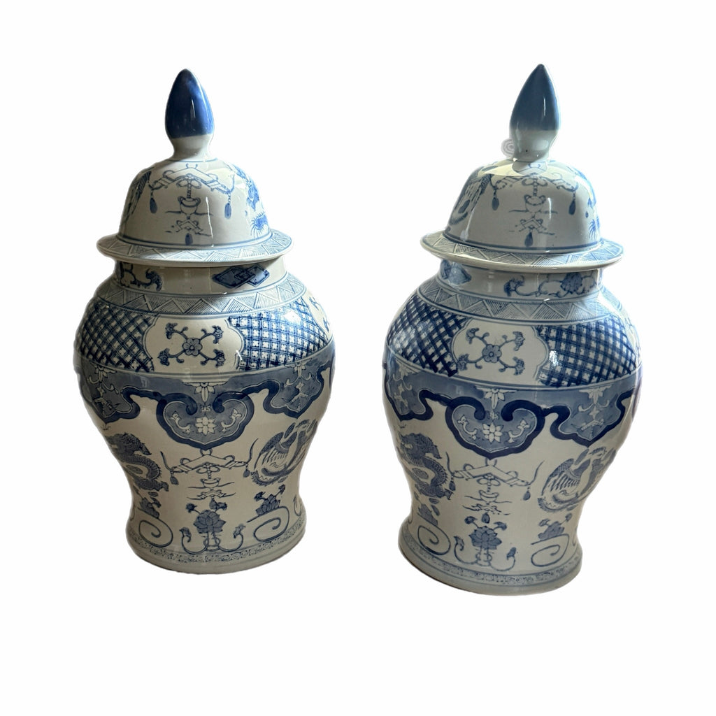 Pair of Large Blue & White Chinoiserie Ginger Jars – 19"