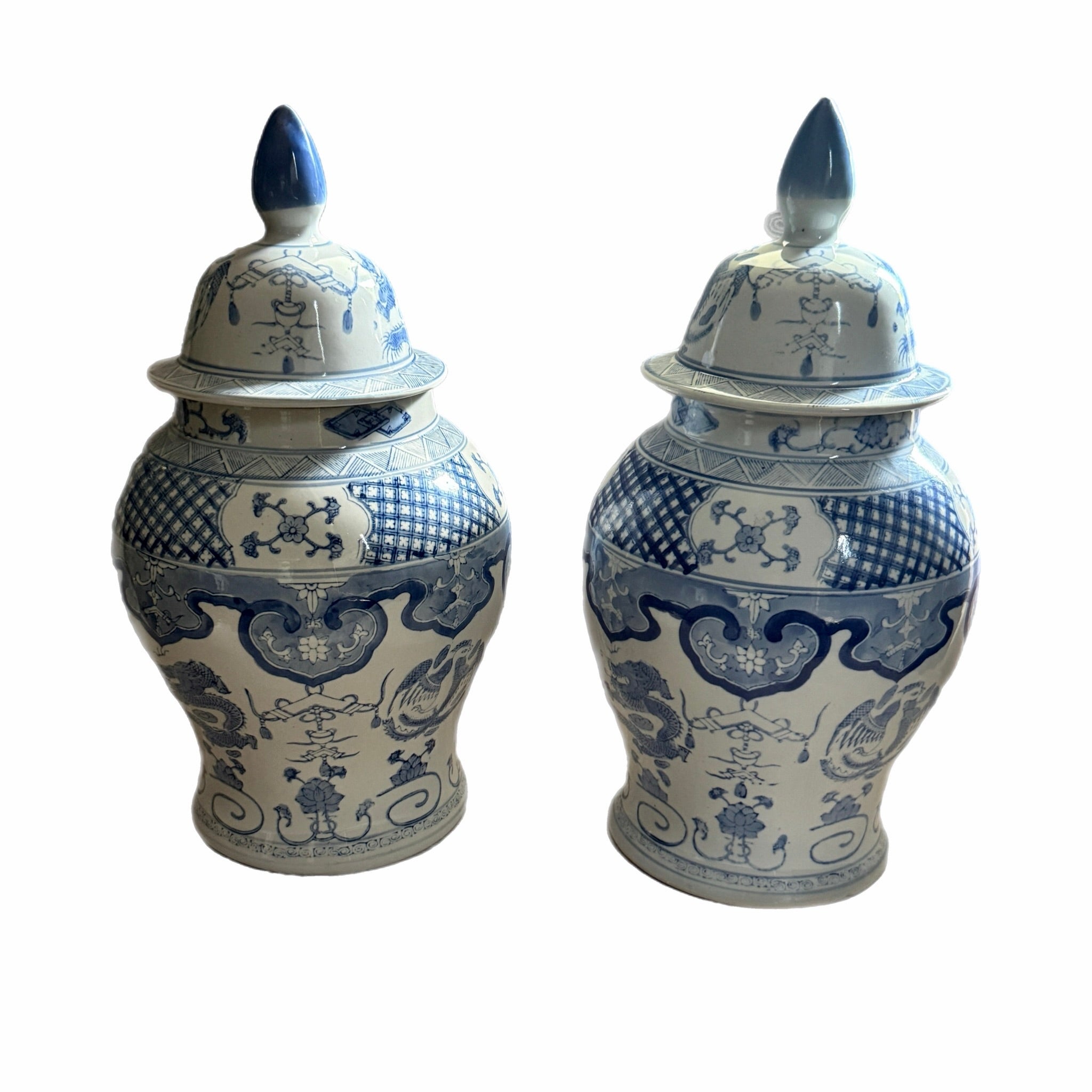 Pair of Large Blue & White Chinoiserie Ginger Jars – 19"