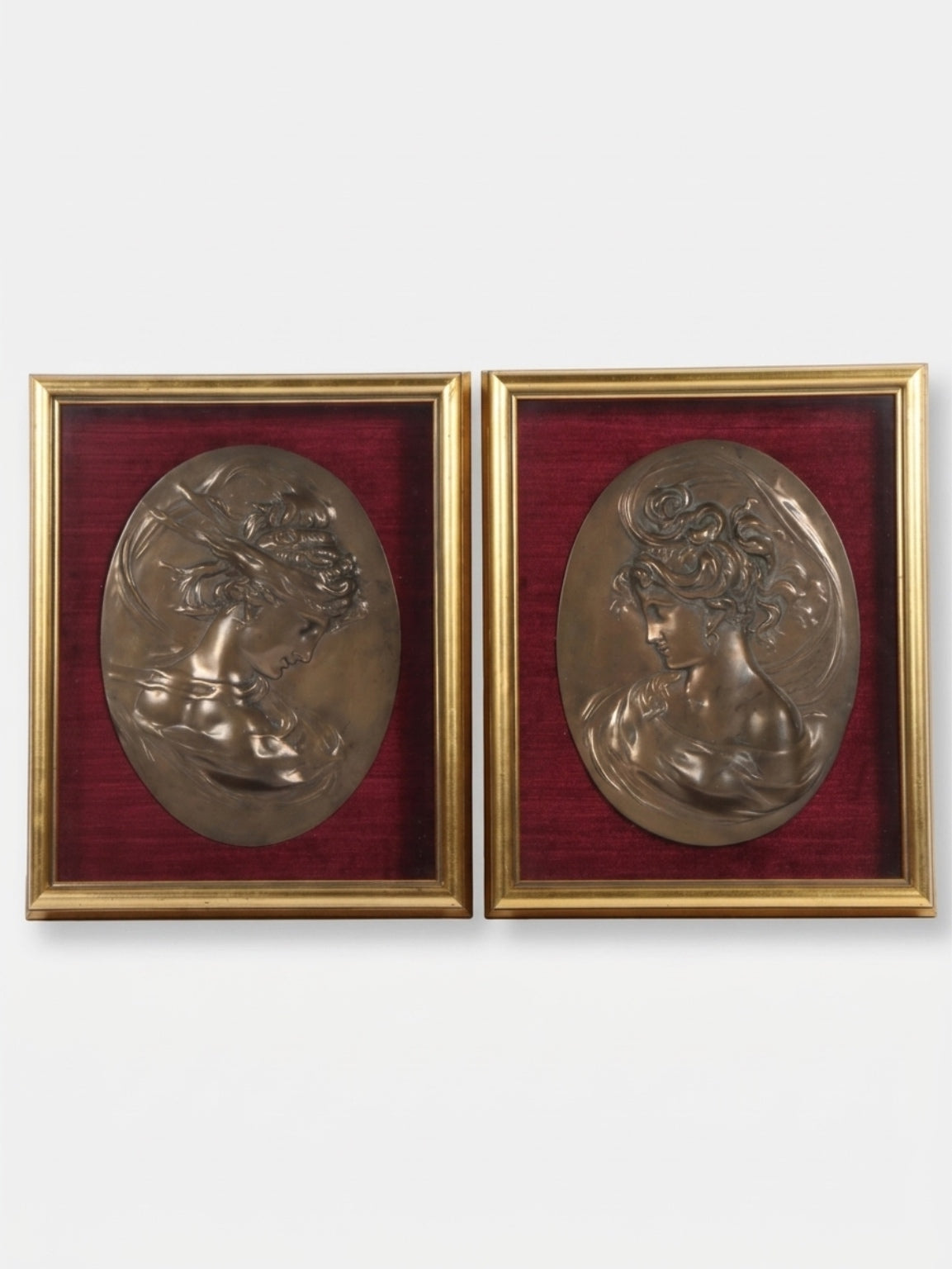 Pair of Bradley & Hubbard Art Nouveau Bronze Bas Relief Cameo Plaques