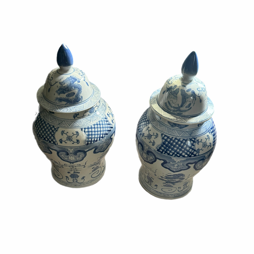 Pair of Large Blue & White Chinoiserie Ginger Jars – 19"