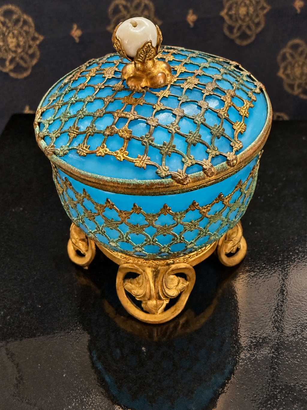 Miniature Turquoise Opaline Glass Grand Tour–Style Trinket Box