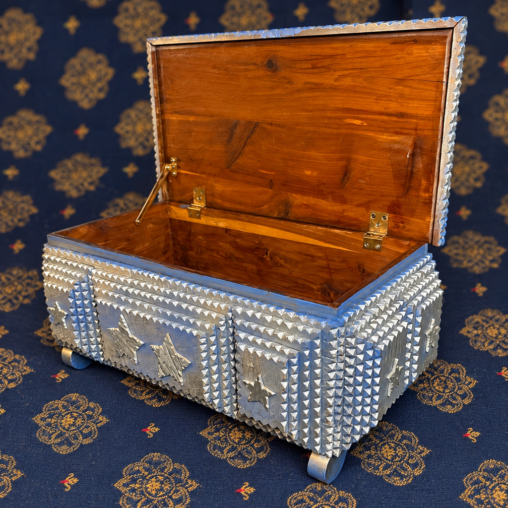 Signed Pops Casey Tramp Art Box — Blue & Silver Stars