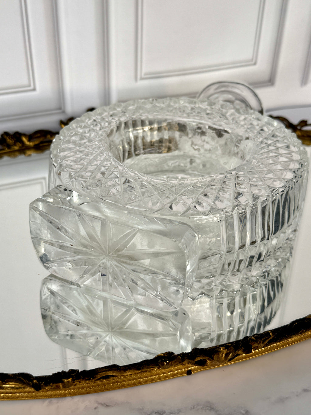Vintage Cut Crystal Ring Decanter with Geometric Stopper