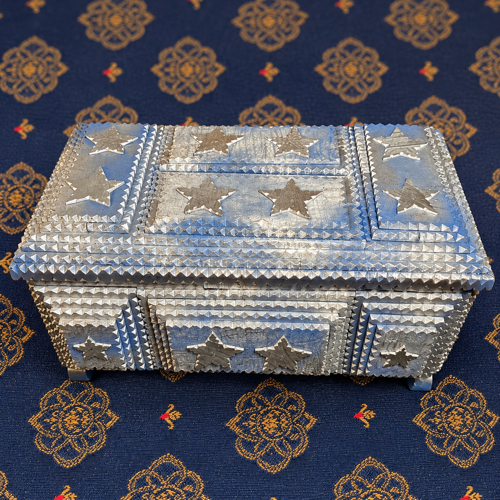 Signed Pops Casey Tramp Art Box — Blue & Silver Stars
