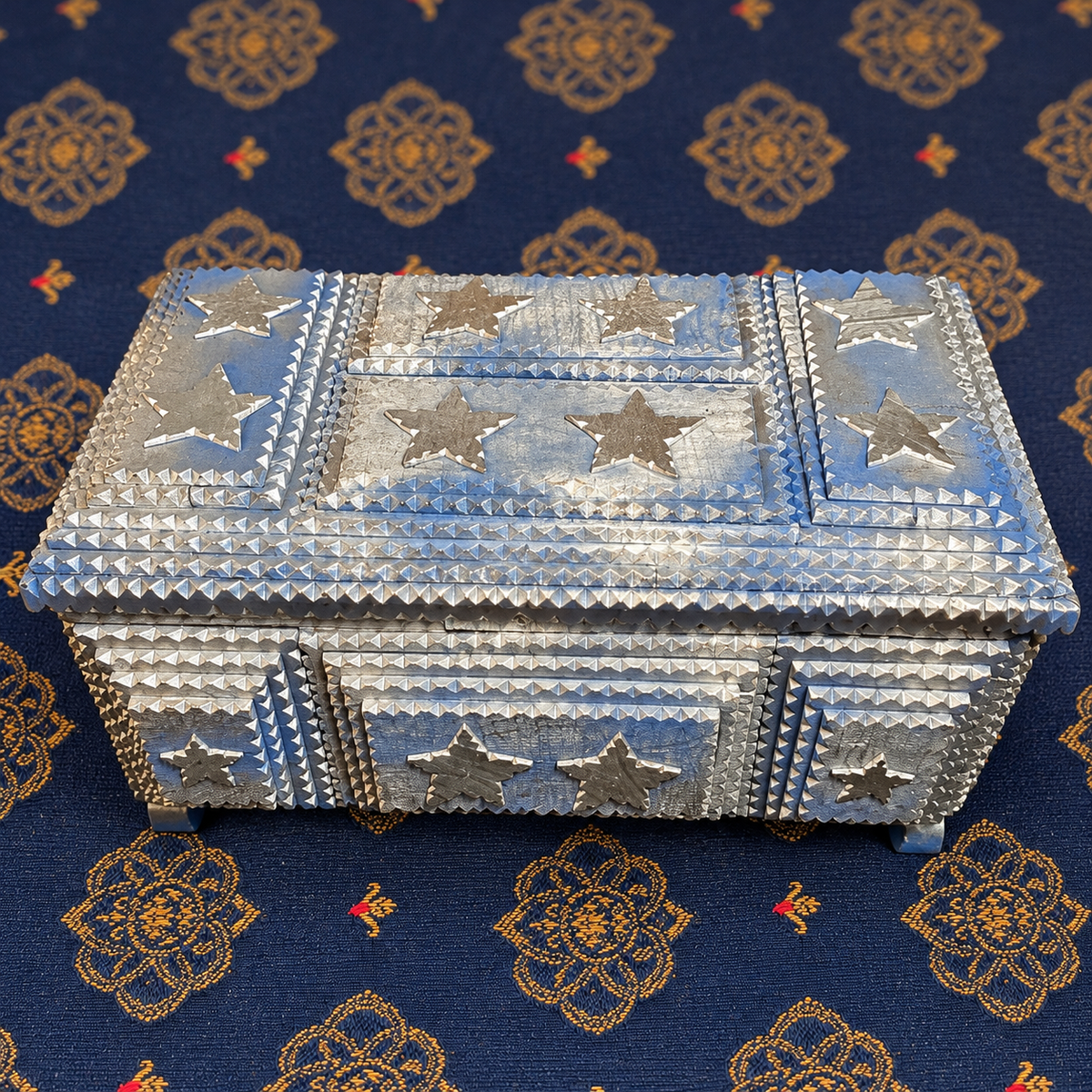 Signed Pops Casey Tramp Art Box — Blue & Silver Stars