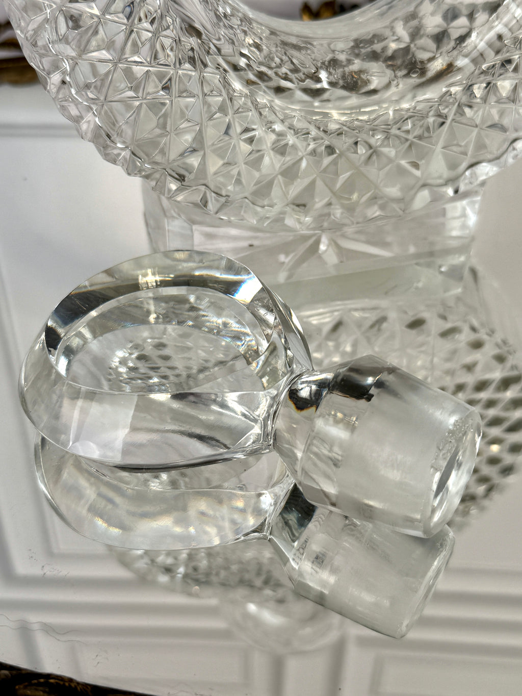 Vintage Cut Crystal Ring Decanter with Geometric Stopper