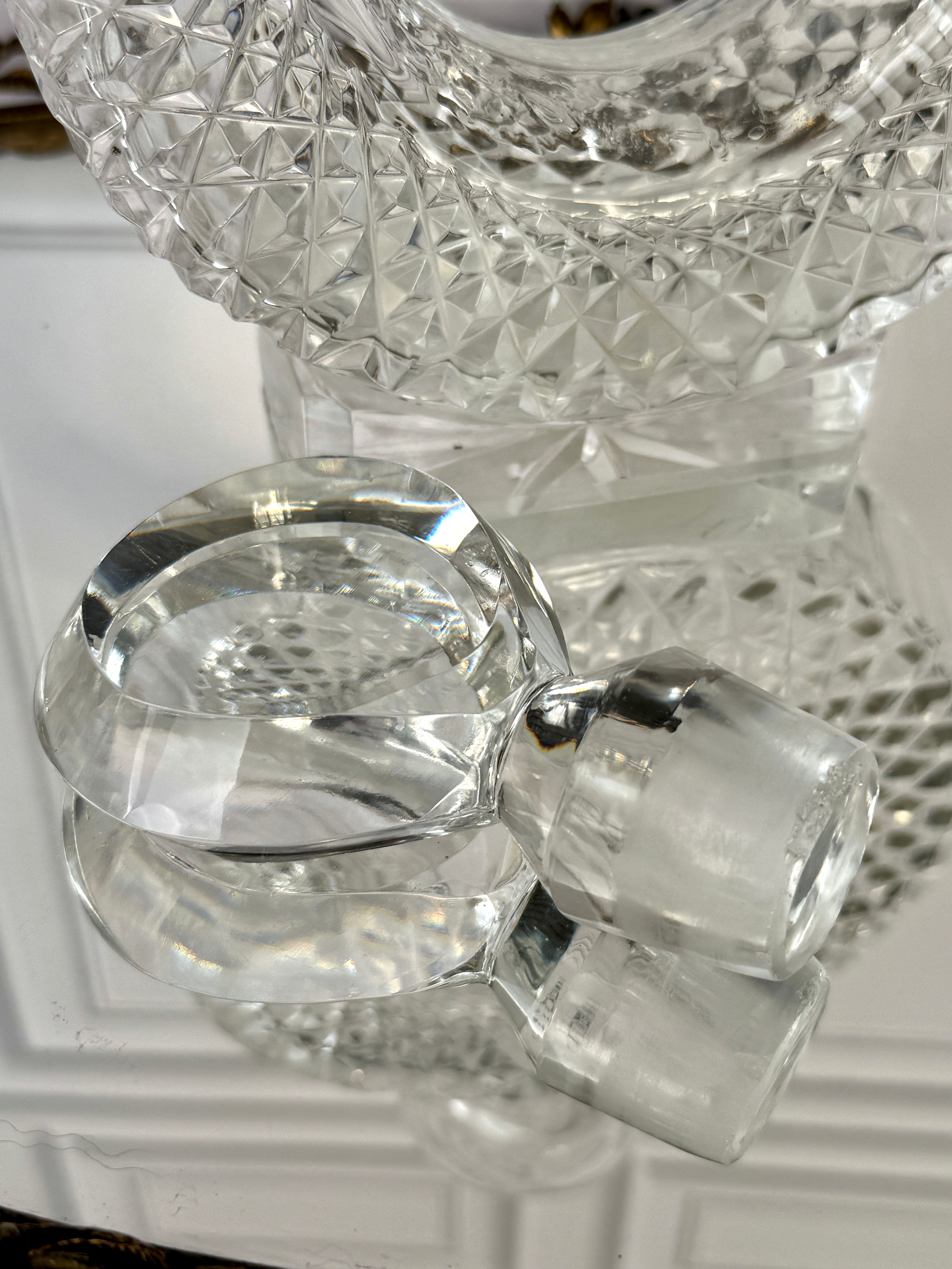 Vintage Cut Crystal Ring Decanter with Geometric Stopper