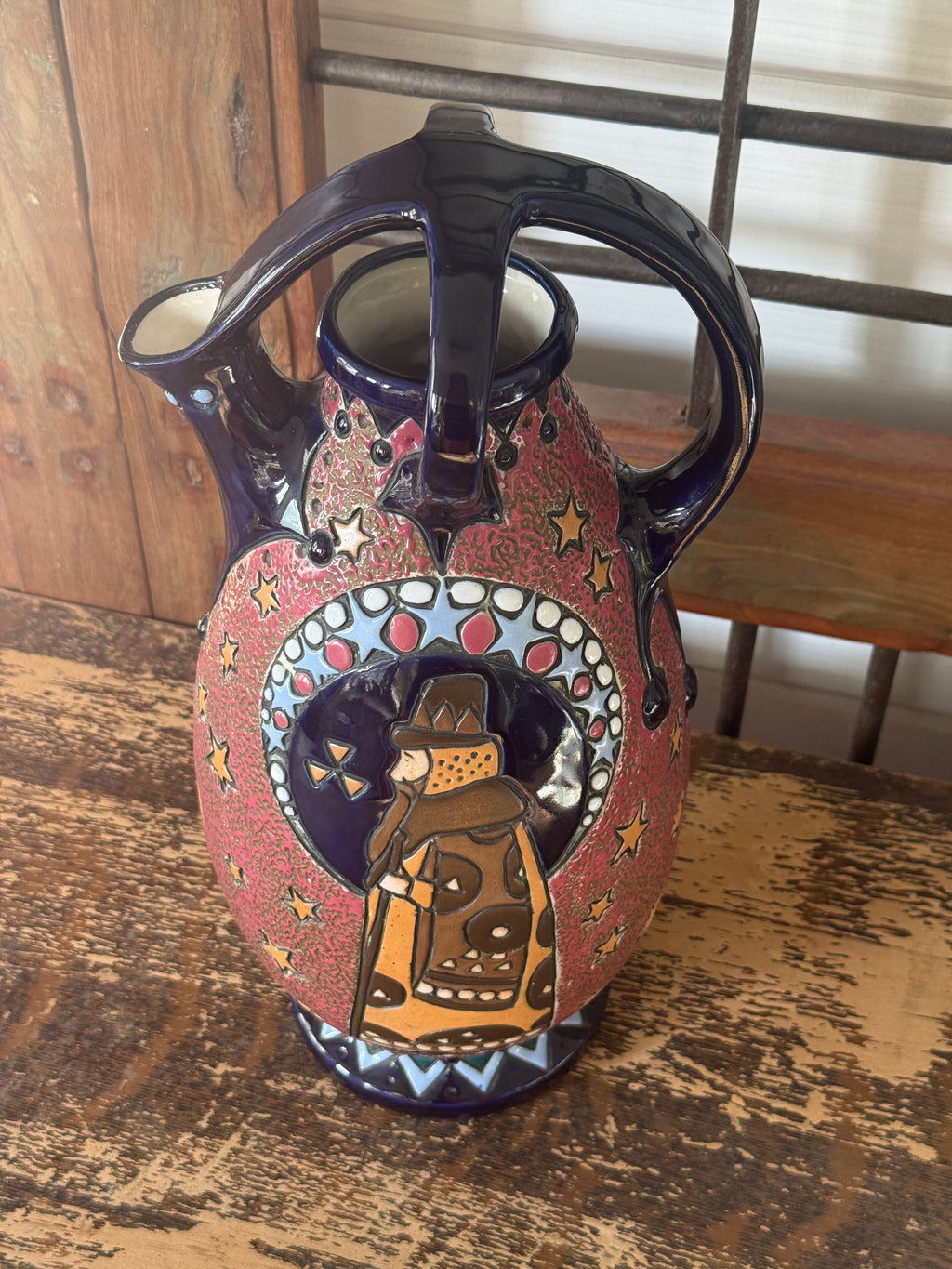 Amphora Figural & Star Ceramic Ewer — Cobalt & Rose