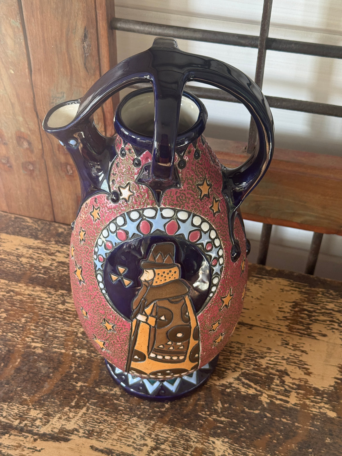 Amphora Figural & Star Ceramic Ewer — Cobalt & Rose