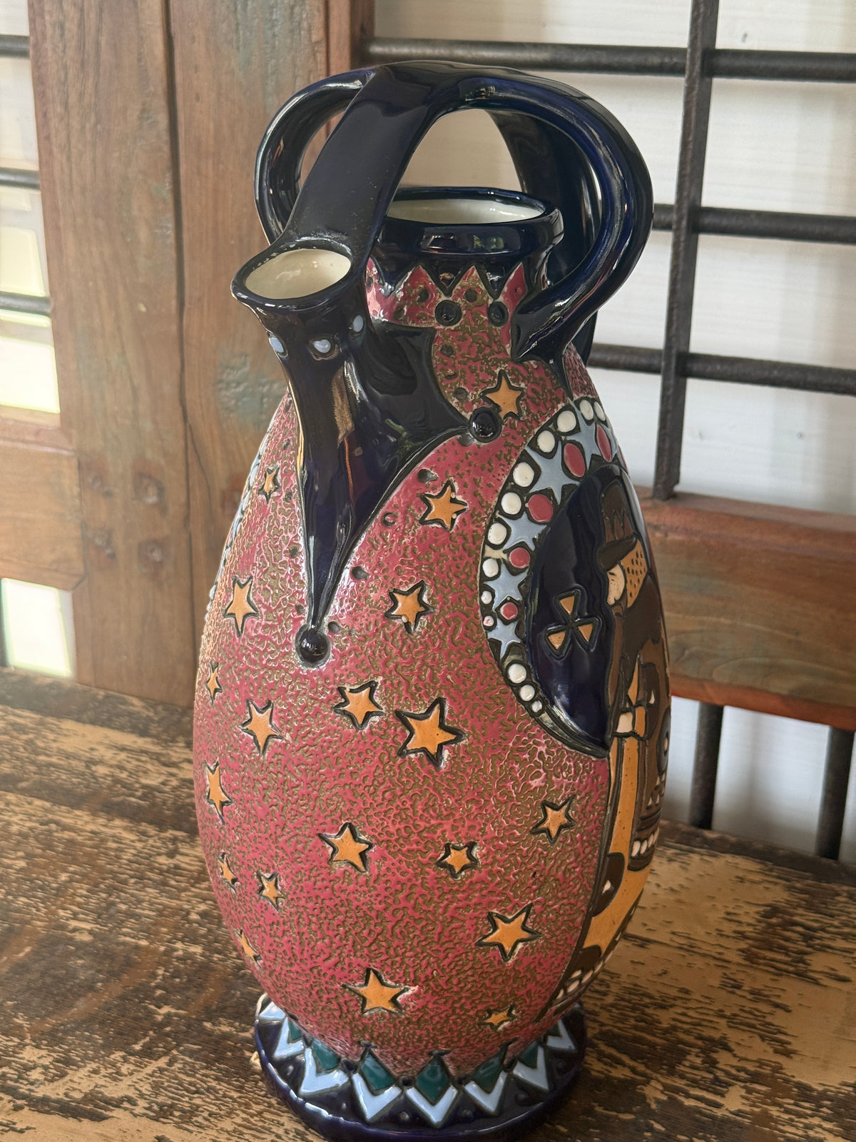 Amphora Figural & Star Ceramic Ewer — Cobalt & Rose
