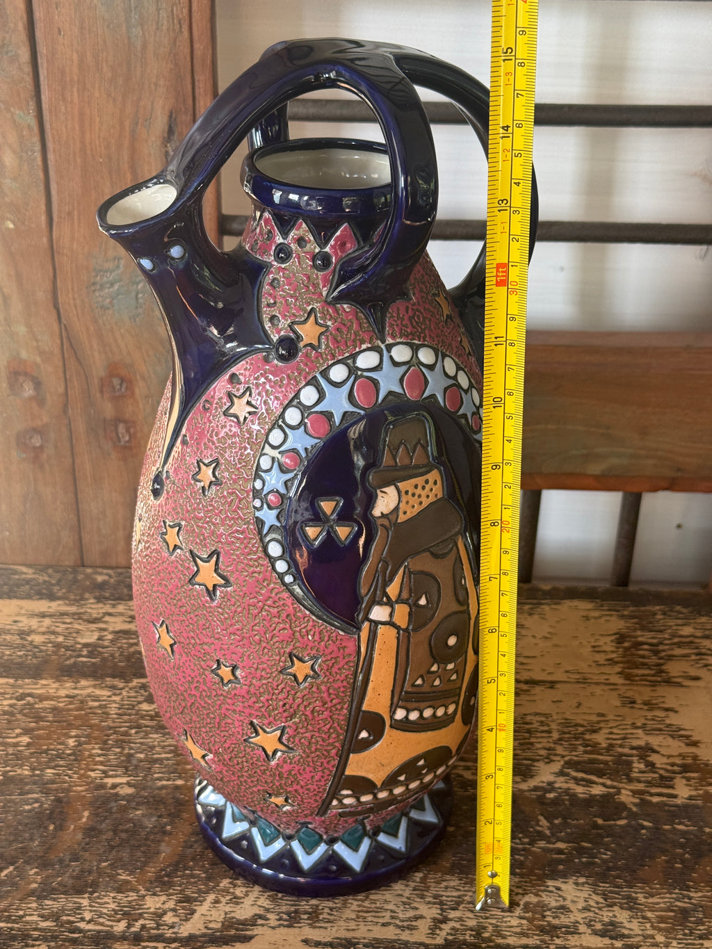Amphora Figural & Star Ceramic Ewer — Cobalt & Rose