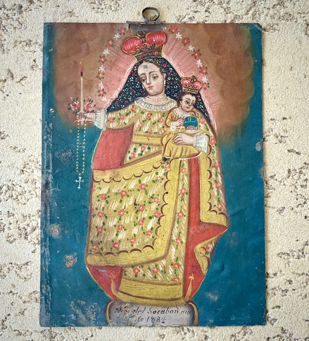 1884 Nuestra Señora del Socavón Retablo on Tin | Antique Mexican Oil Painting | 19th Century Catholic Folk Ar