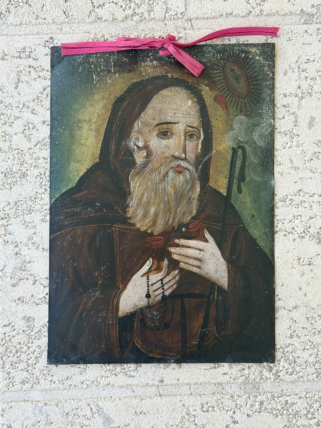 19th Century Mexican Oil on Tin Retablo | Saint Francis of Paola | Antique Religious Folk Art