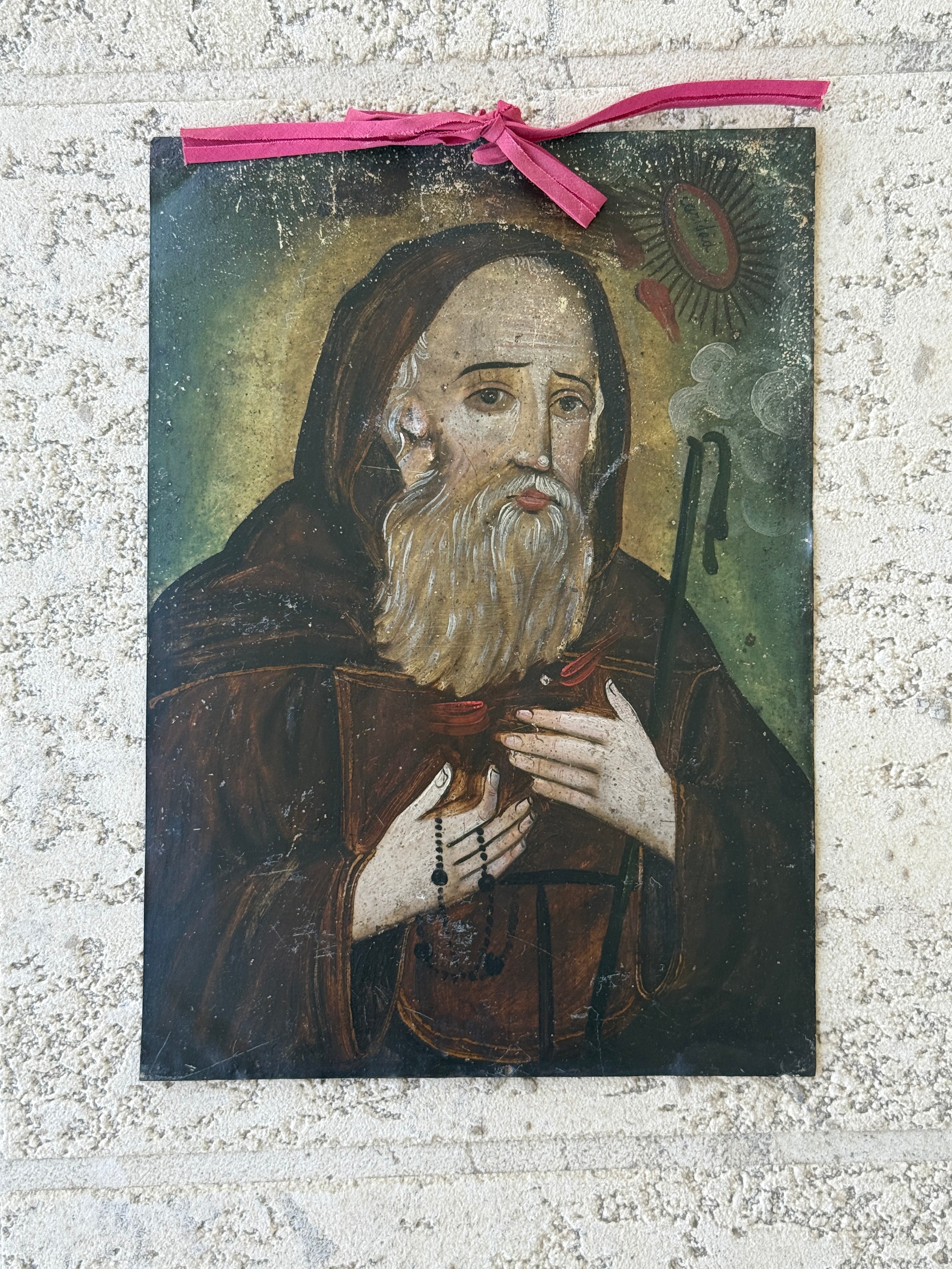 19th Century Mexican Oil on Tin Retablo | Saint Francis of Paola | Antique Religious Folk Art