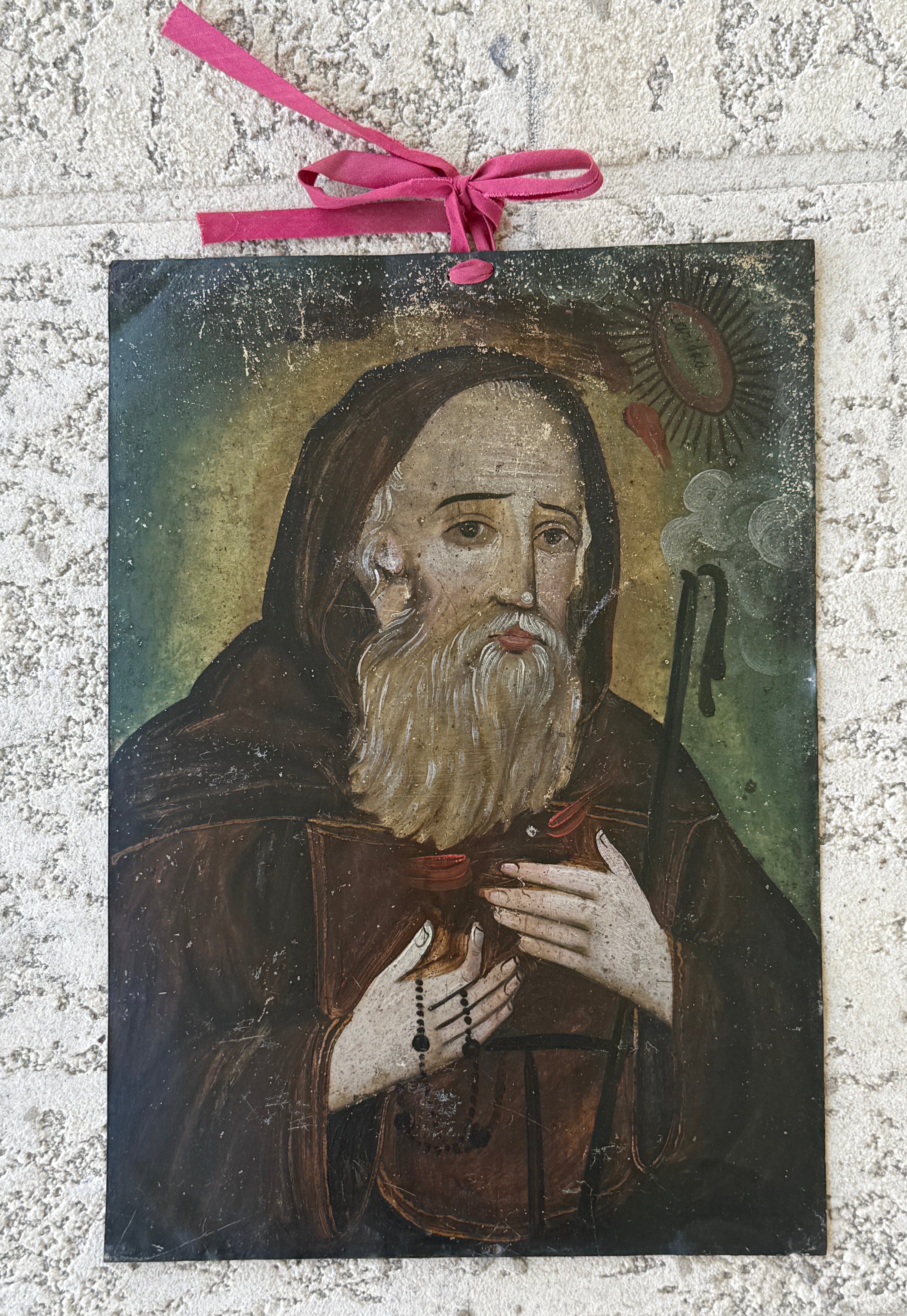19th Century Mexican Oil on Tin Retablo | Saint Francis of Paola | Antique Religious Folk Art