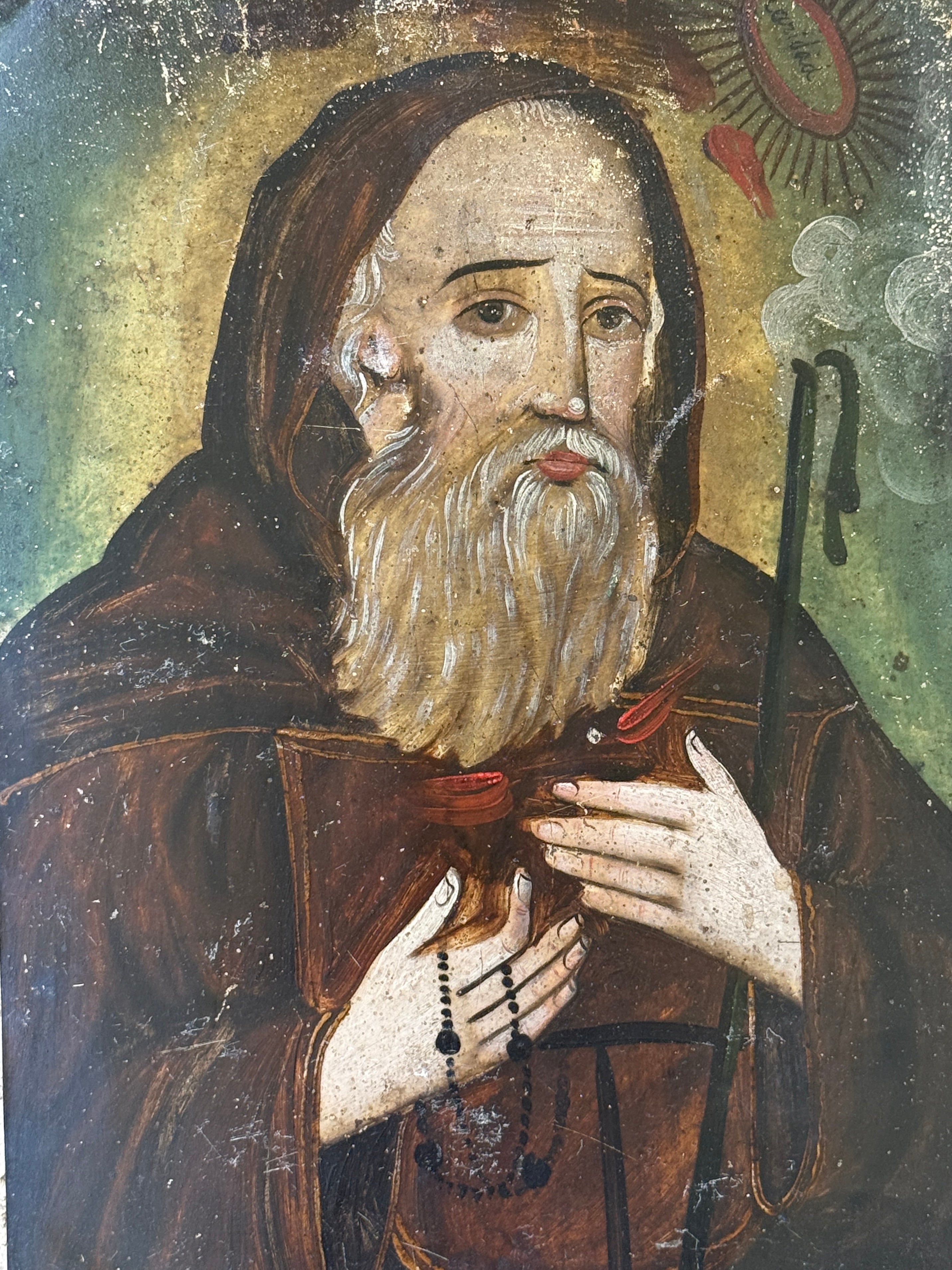 19th Century Mexican Oil on Tin Retablo | Saint Francis of Paola | Antique Religious Folk Art