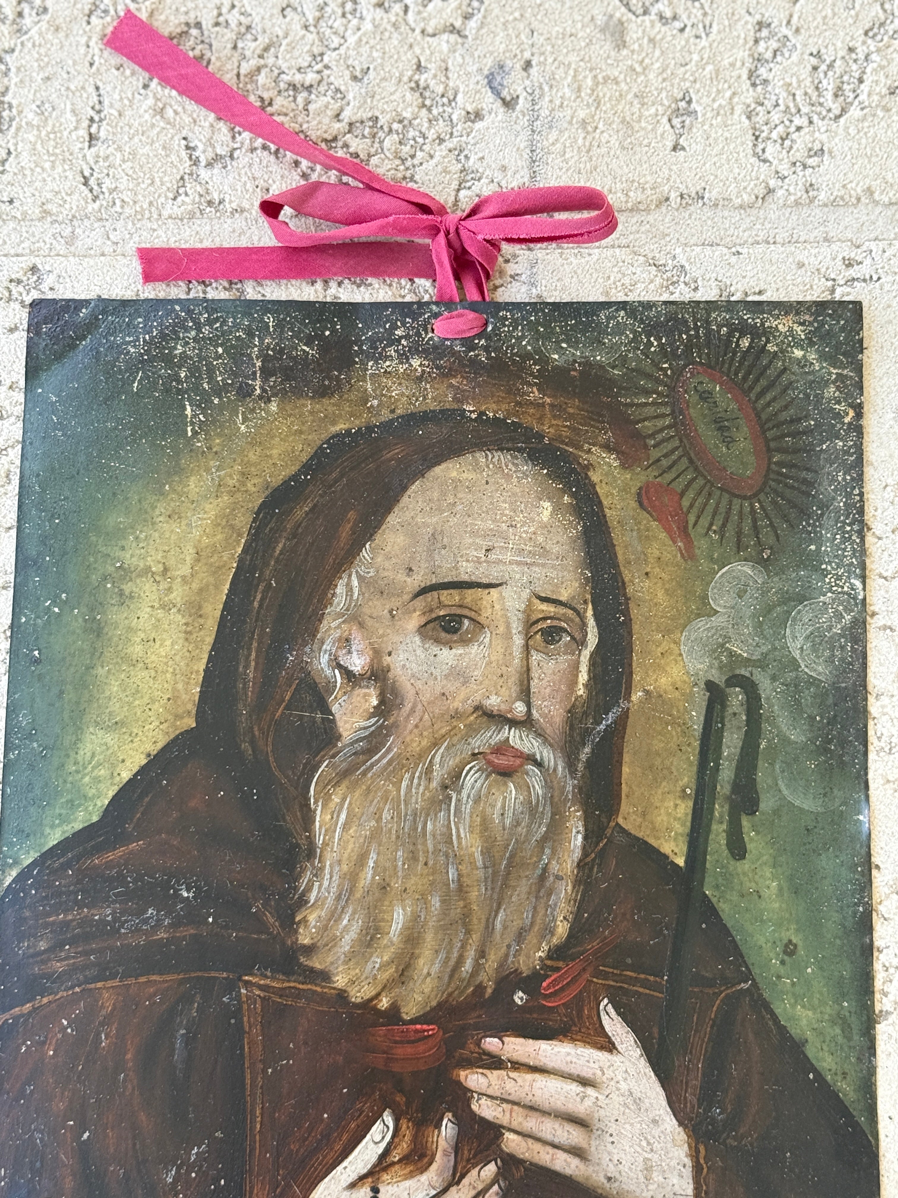 19th Century Mexican Oil on Tin Retablo | Saint Francis of Paola | Antique Religious Folk Art
