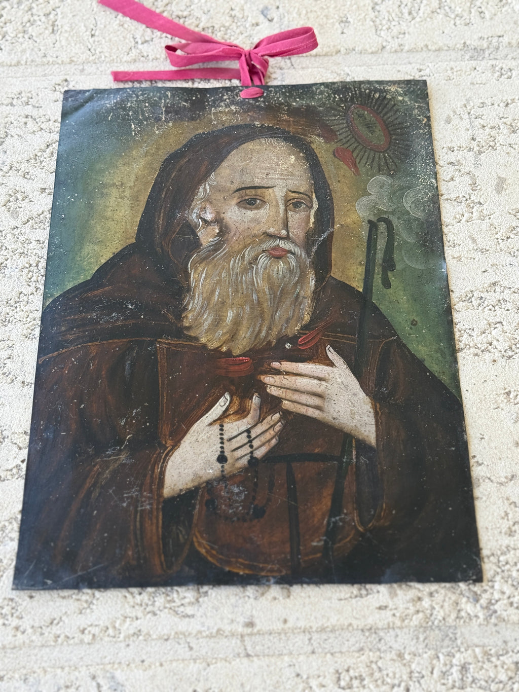19th Century Mexican Oil on Tin Retablo | Saint Francis of Paola | Antique Religious Folk Art