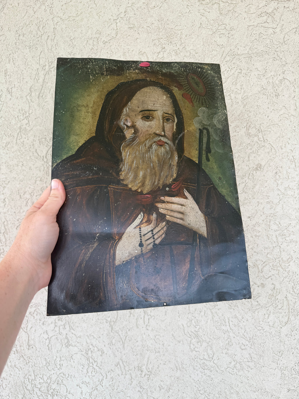 19th Century Mexican Oil on Tin Retablo | Saint Francis of Paola | Antique Religious Folk Art