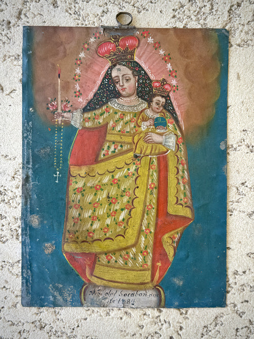 1884 Nuestra Señora del Socavón Retablo on Tin | Antique Mexican Oil Painting | 19th Century Catholic Folk Ar
