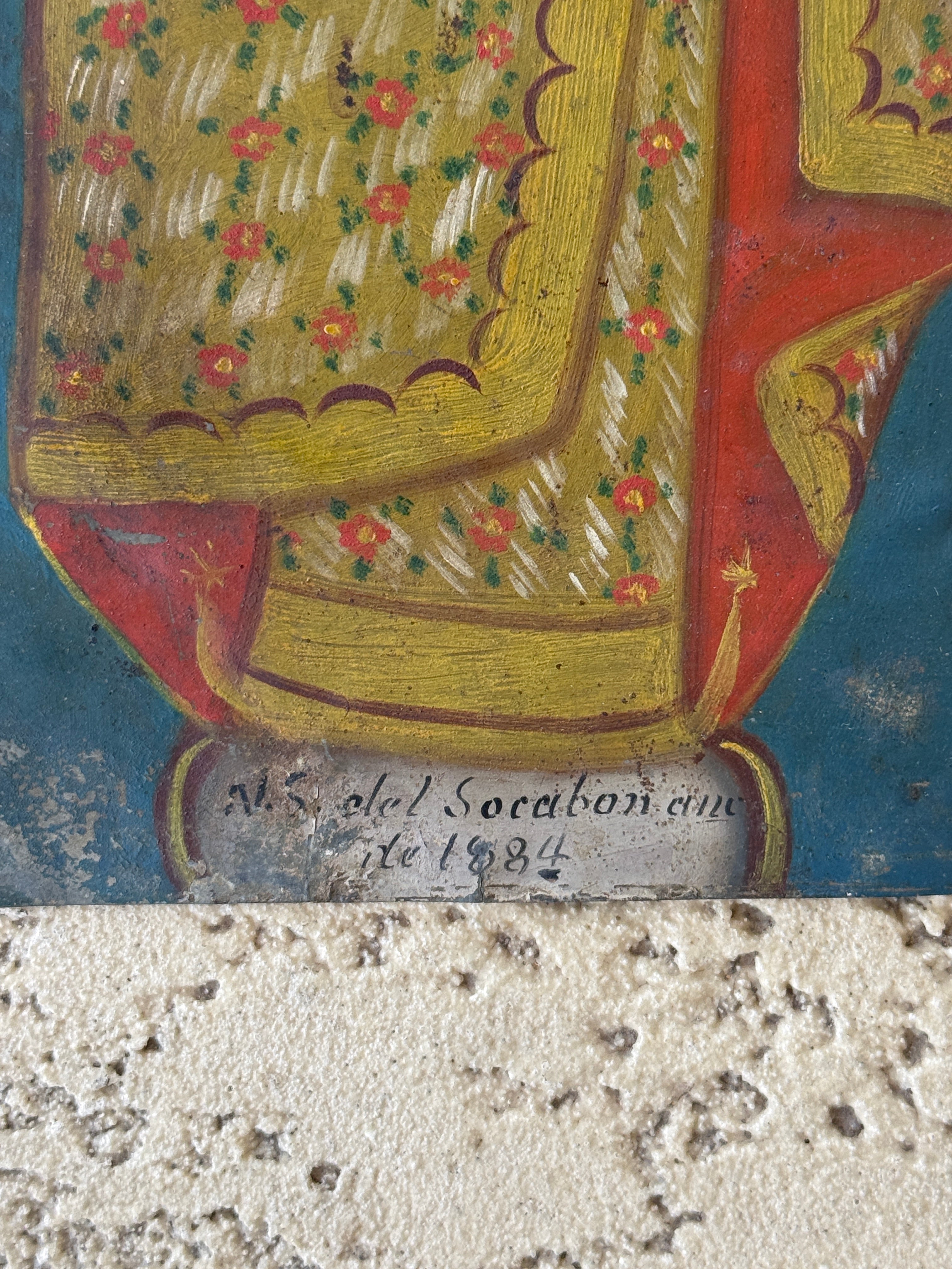 1884 Nuestra Señora del Socavón Retablo on Tin | Antique Mexican Oil Painting | 19th Century Catholic Folk Ar