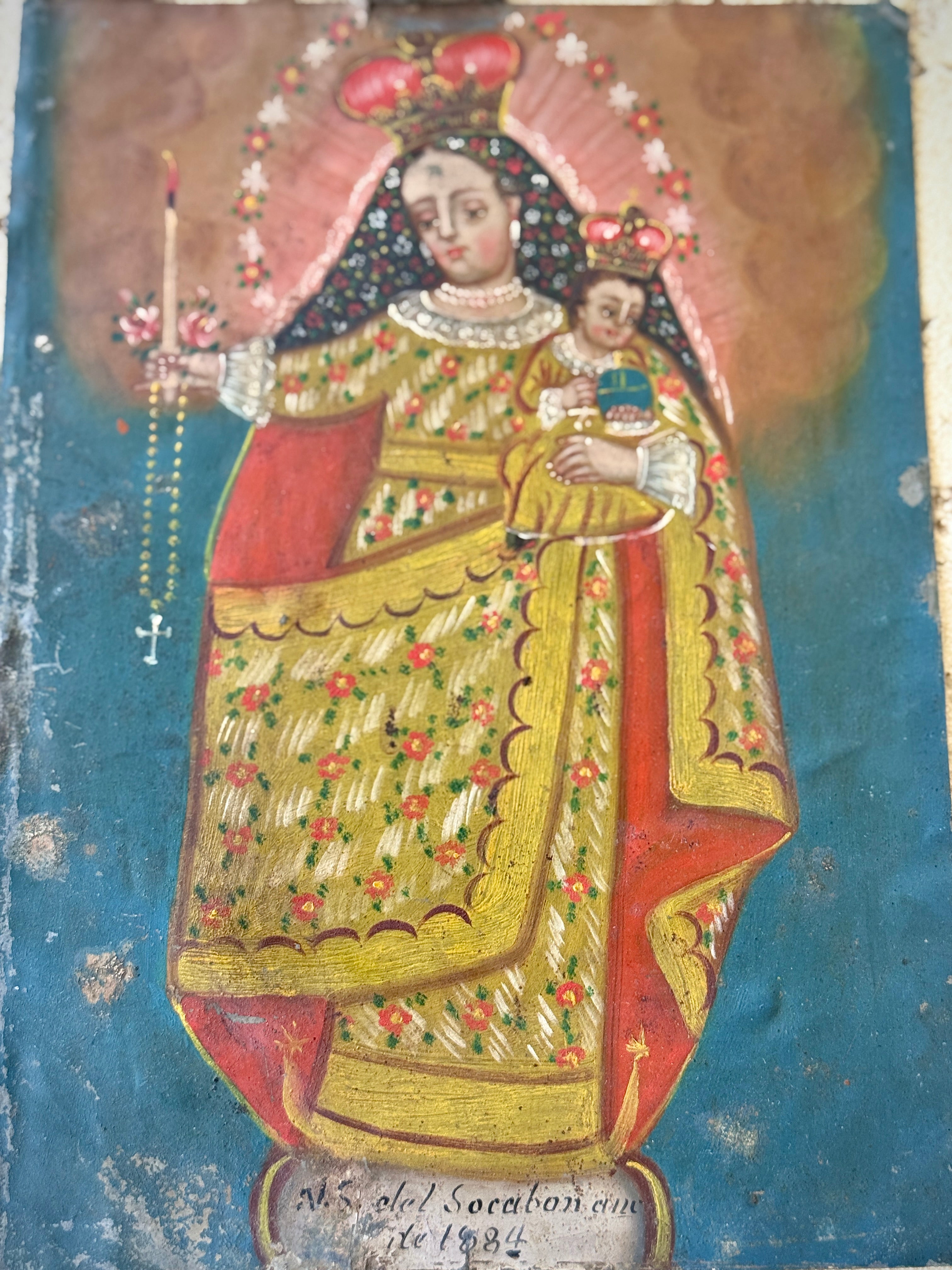 1884 Nuestra Señora del Socavón Retablo on Tin | Antique Mexican Oil Painting | 19th Century Catholic Folk Ar