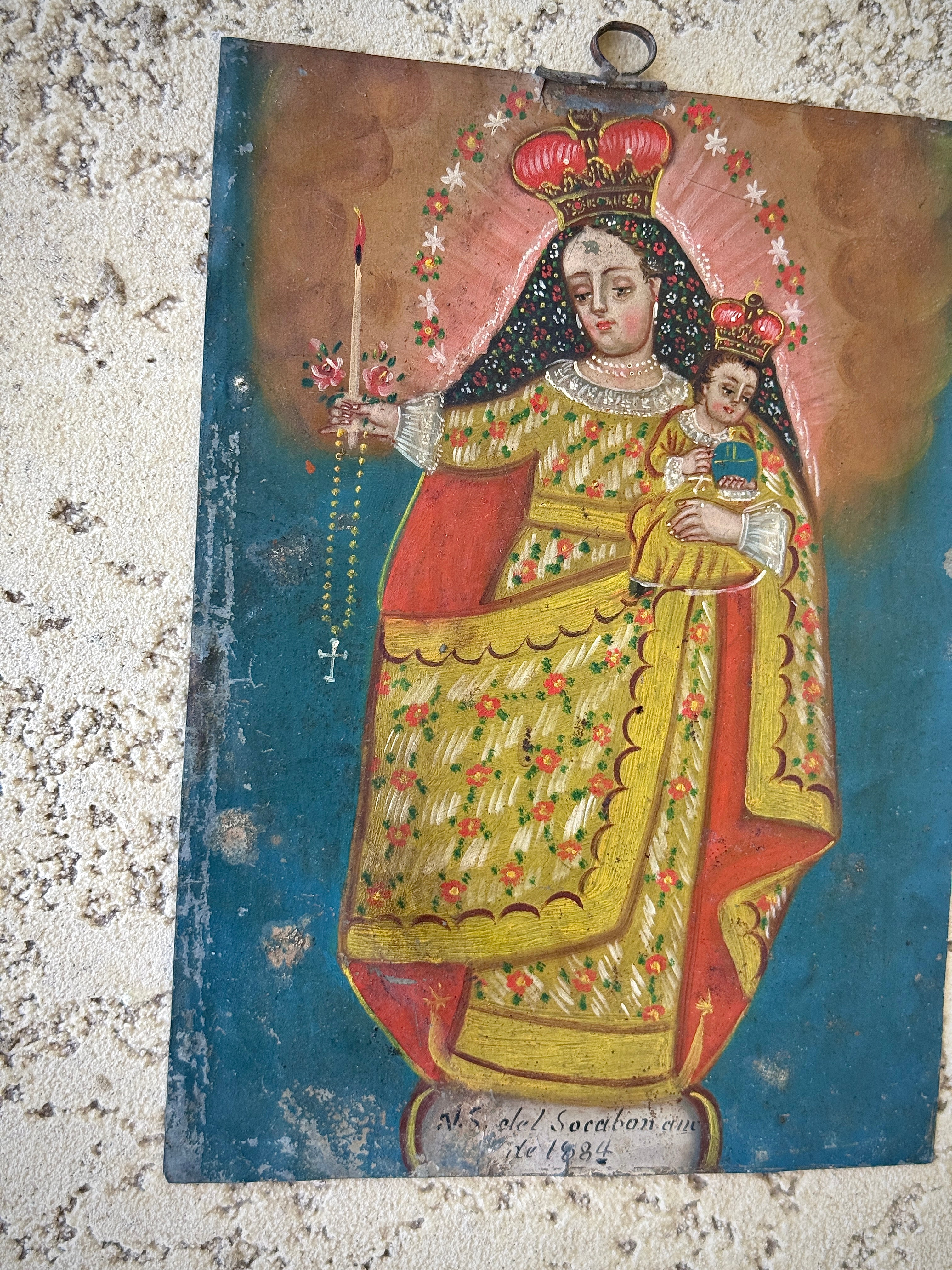 1884 Nuestra Señora del Socavón Retablo on Tin | Antique Mexican Oil Painting | 19th Century Catholic Folk Ar