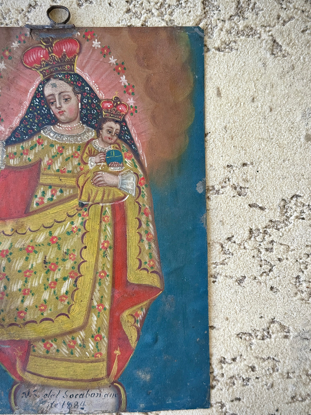 1884 Nuestra Señora del Socavón Retablo on Tin | Antique Mexican Oil Painting | 19th Century Catholic Folk Ar