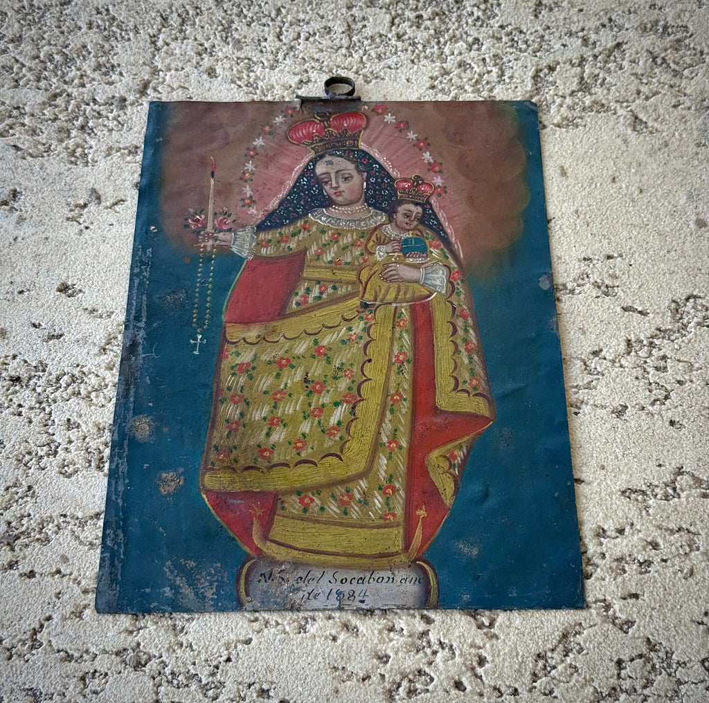 1884 Nuestra Señora del Socavón Retablo on Tin | Antique Mexican Oil Painting | 19th Century Catholic Folk Ar