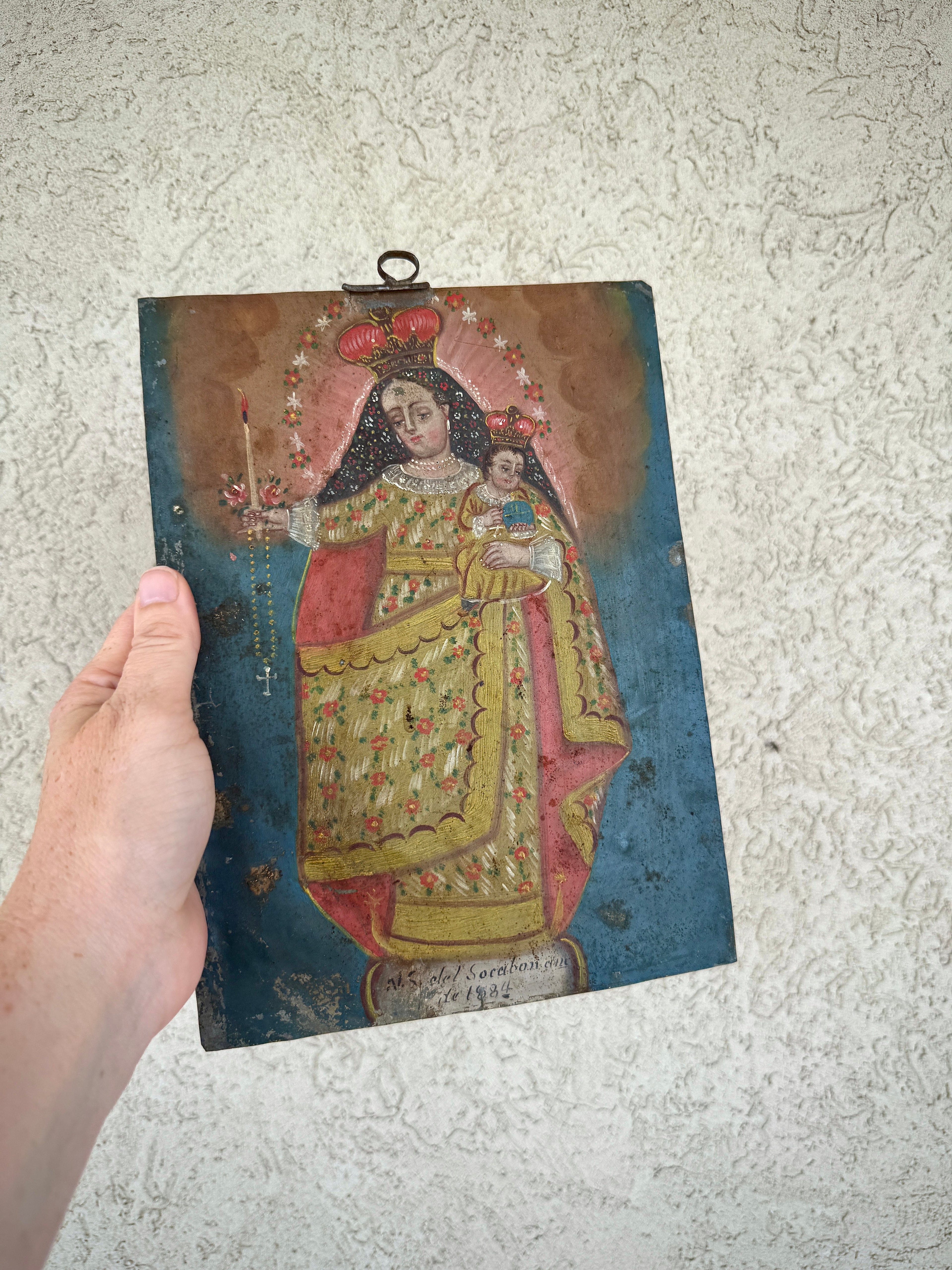1884 Nuestra Señora del Socavón Retablo on Tin | Antique Mexican Oil Painting | 19th Century Catholic Folk Ar