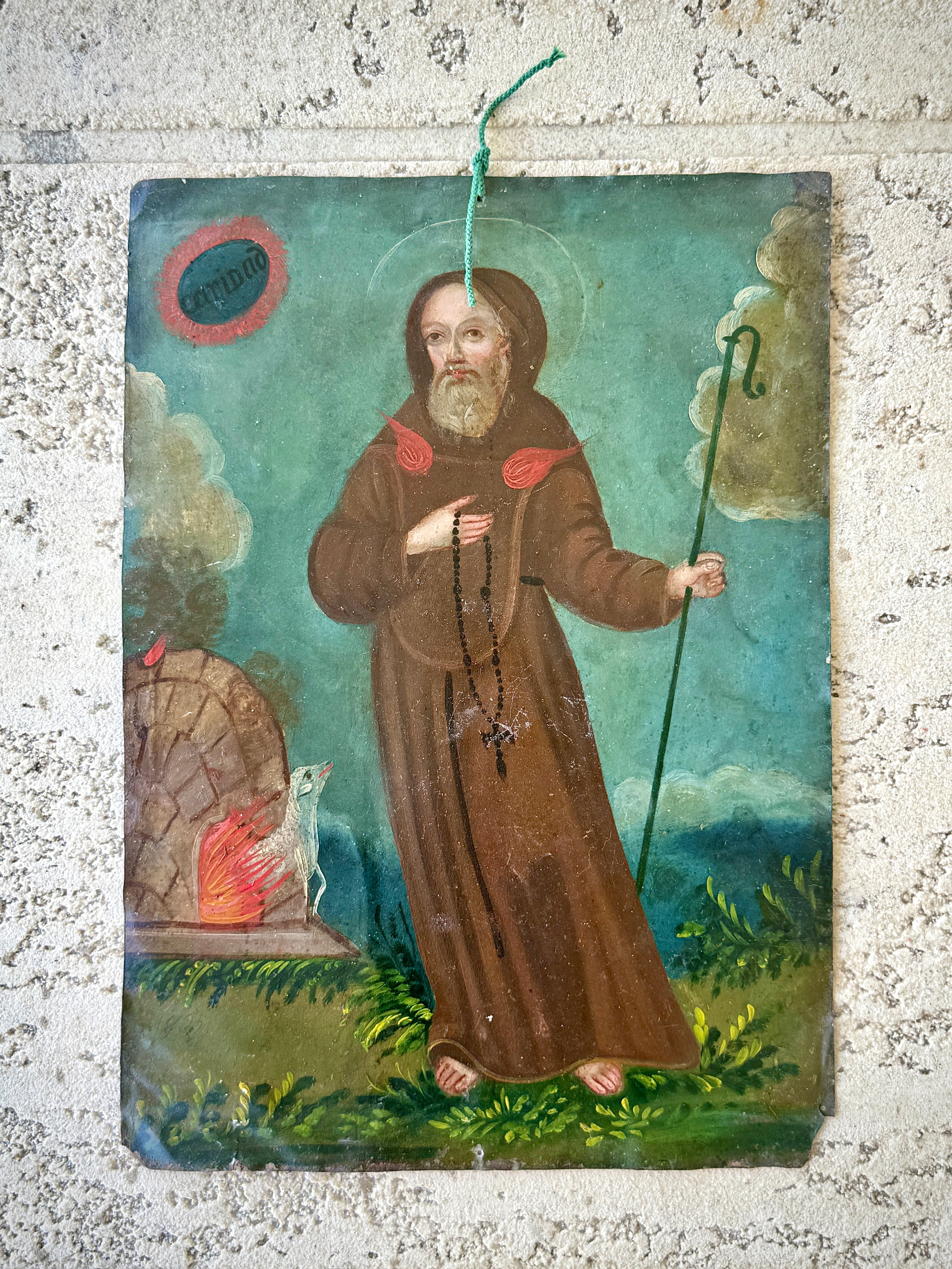 19th Century Saint Francis of Paola Oil on Tin Retablo | Mexican Folk Art Devotional Painting