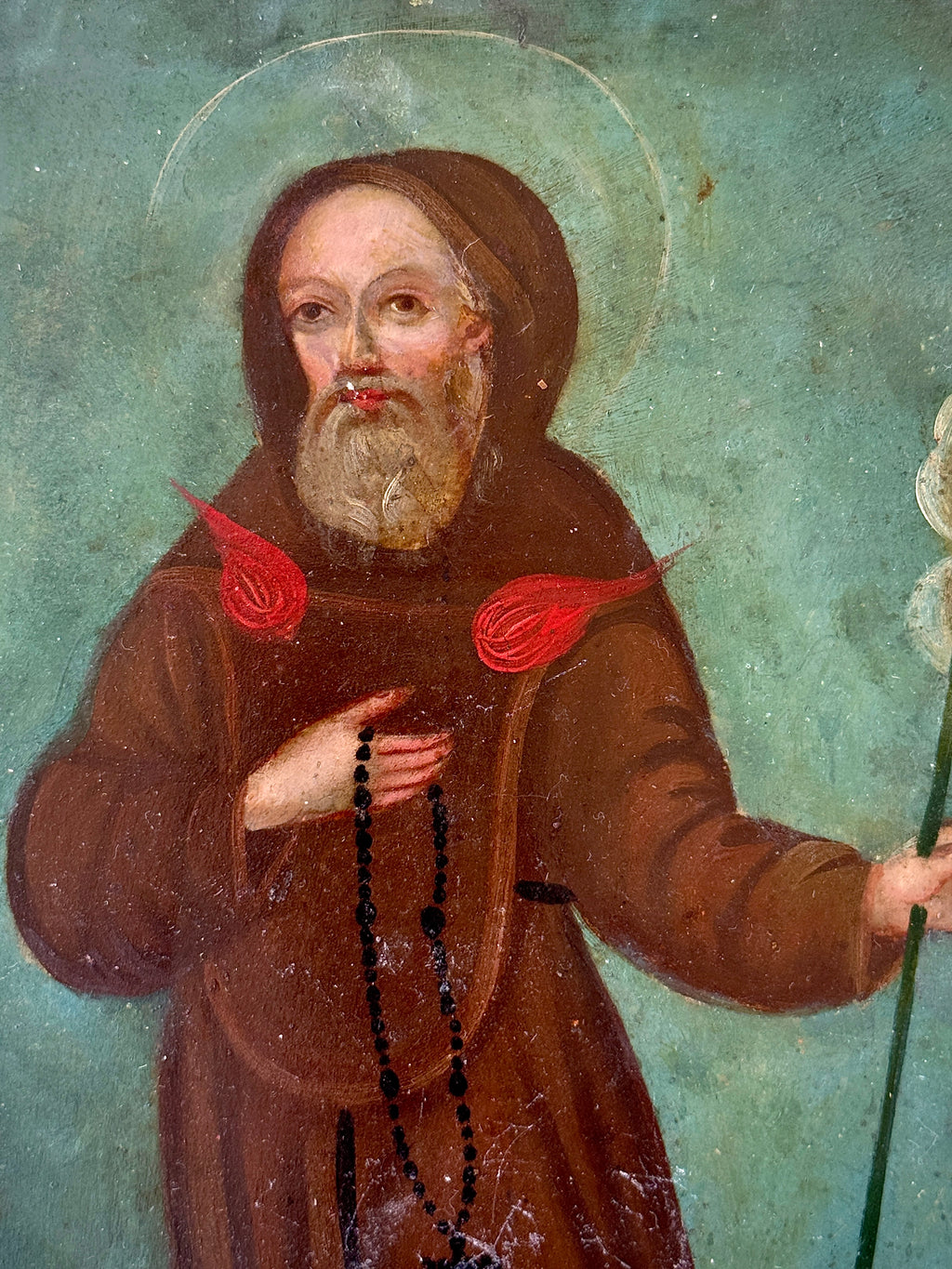 19th Century Saint Francis of Paola Oil on Tin Retablo | Mexican Folk Art Devotional Painting