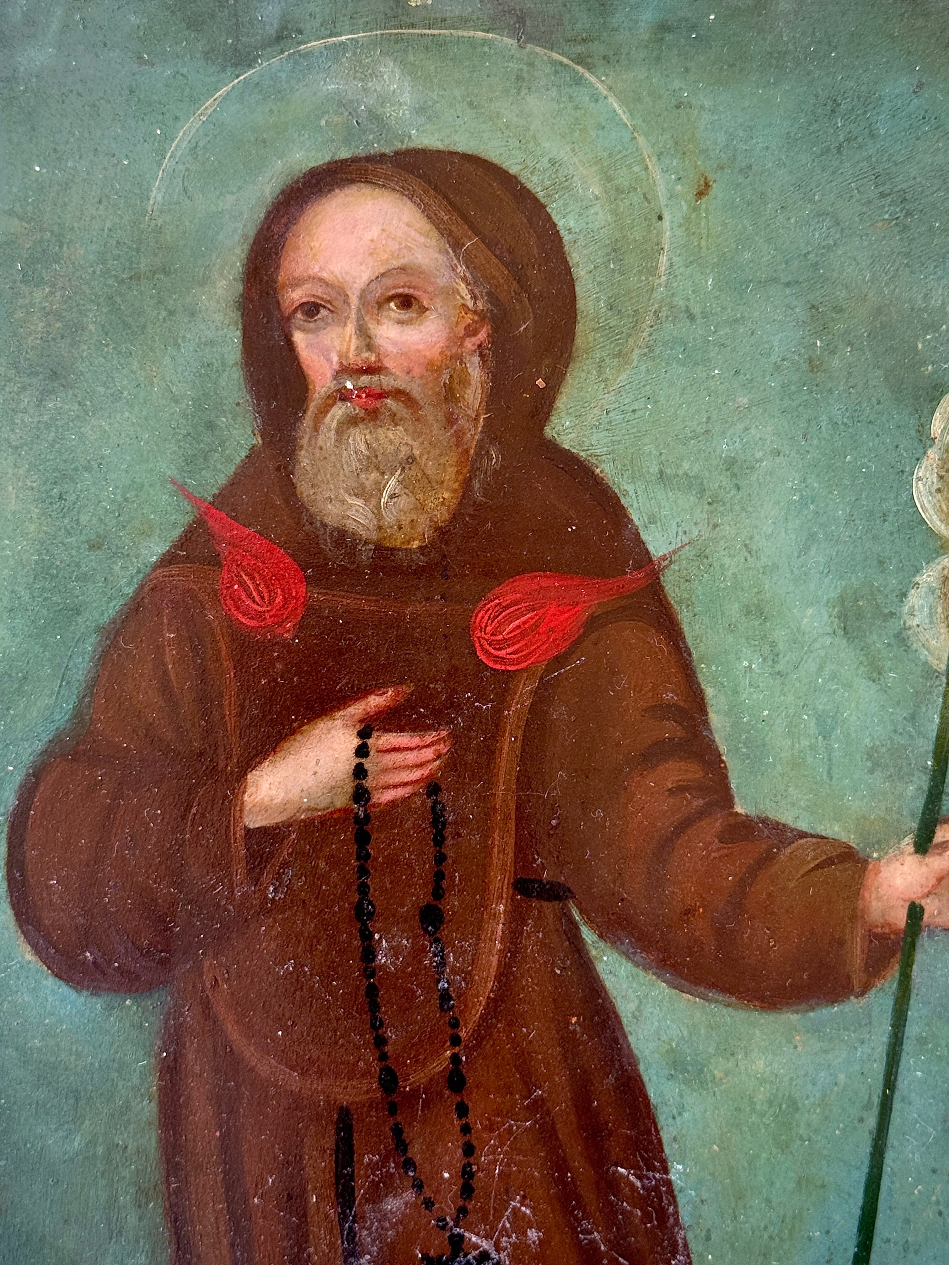 19th Century Saint Francis of Paola Oil on Tin Retablo | Mexican Folk Art Devotional Painting