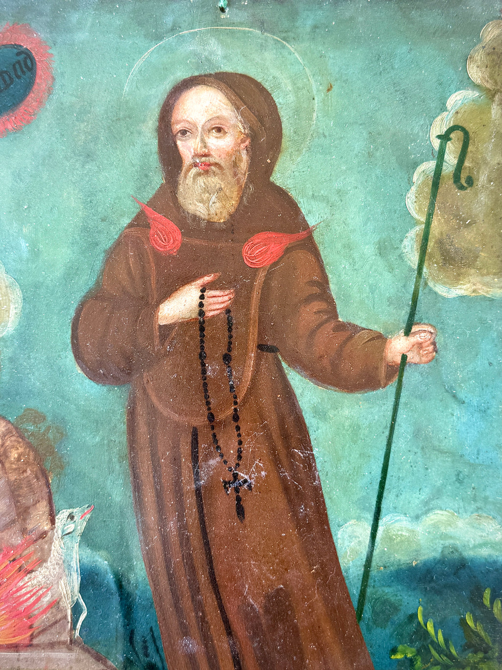 19th Century Saint Francis of Paola Oil on Tin Retablo | Mexican Folk Art Devotional Painting