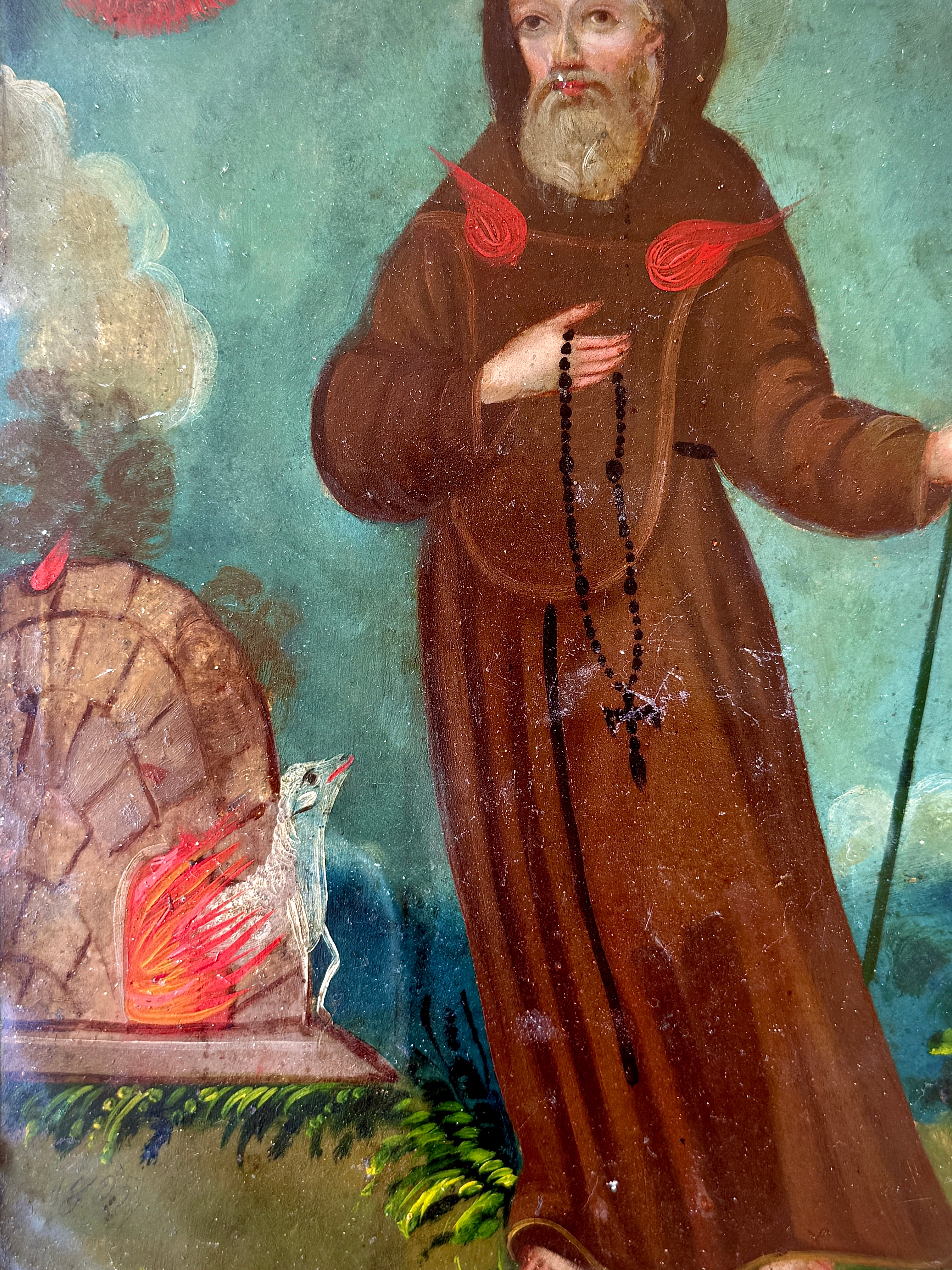 19th Century Saint Francis of Paola Oil on Tin Retablo | Mexican Folk Art Devotional Painting